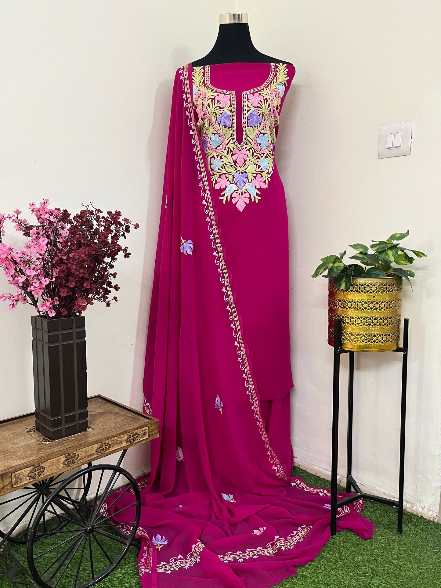 Hot Pink Georgette 3 Pc Aari Embroidered Suit Set