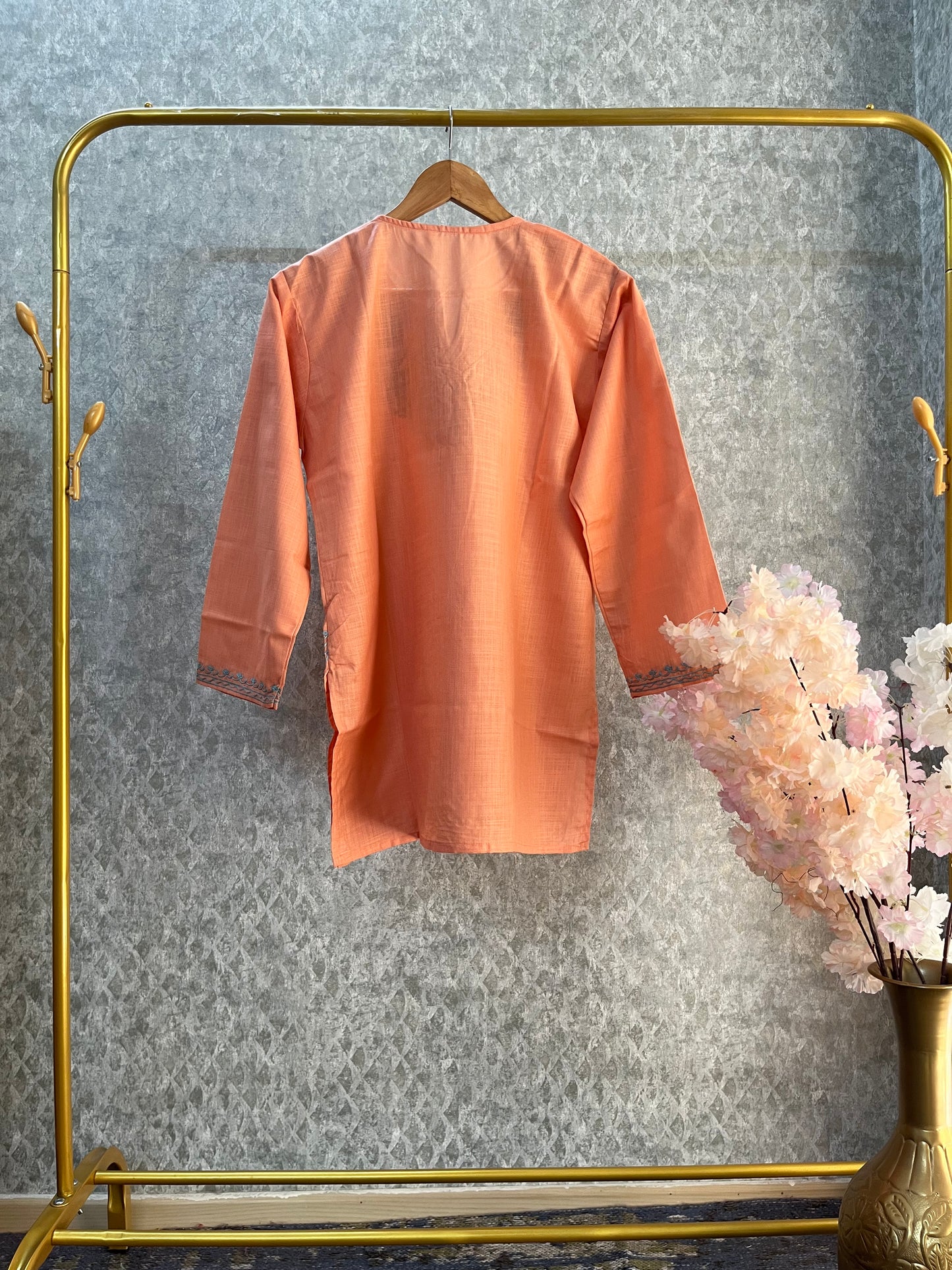 Soft Orange Cotton Aari Work Kurta