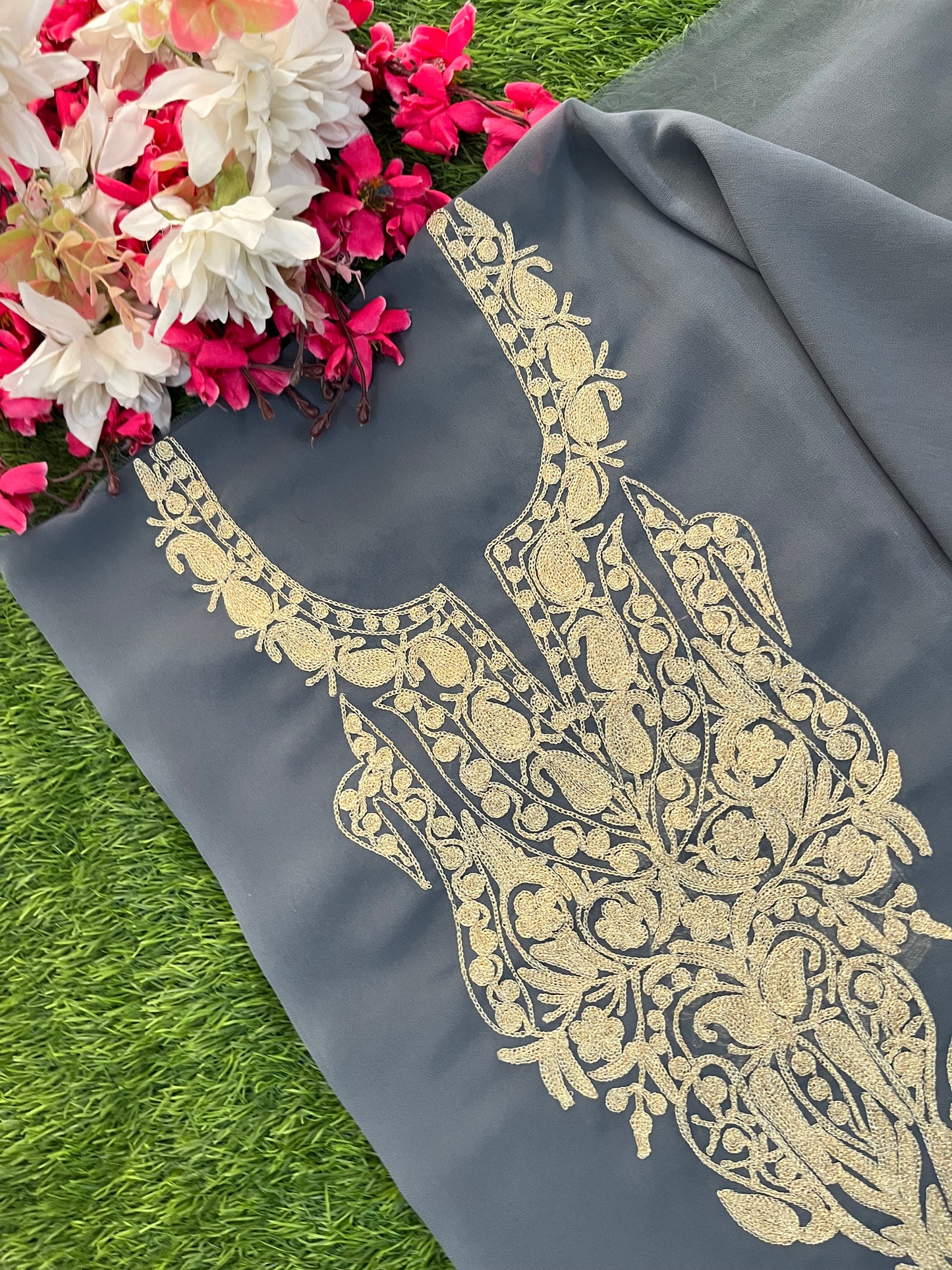 Grey Georgette Kashmiri Kurta (Unstitched)