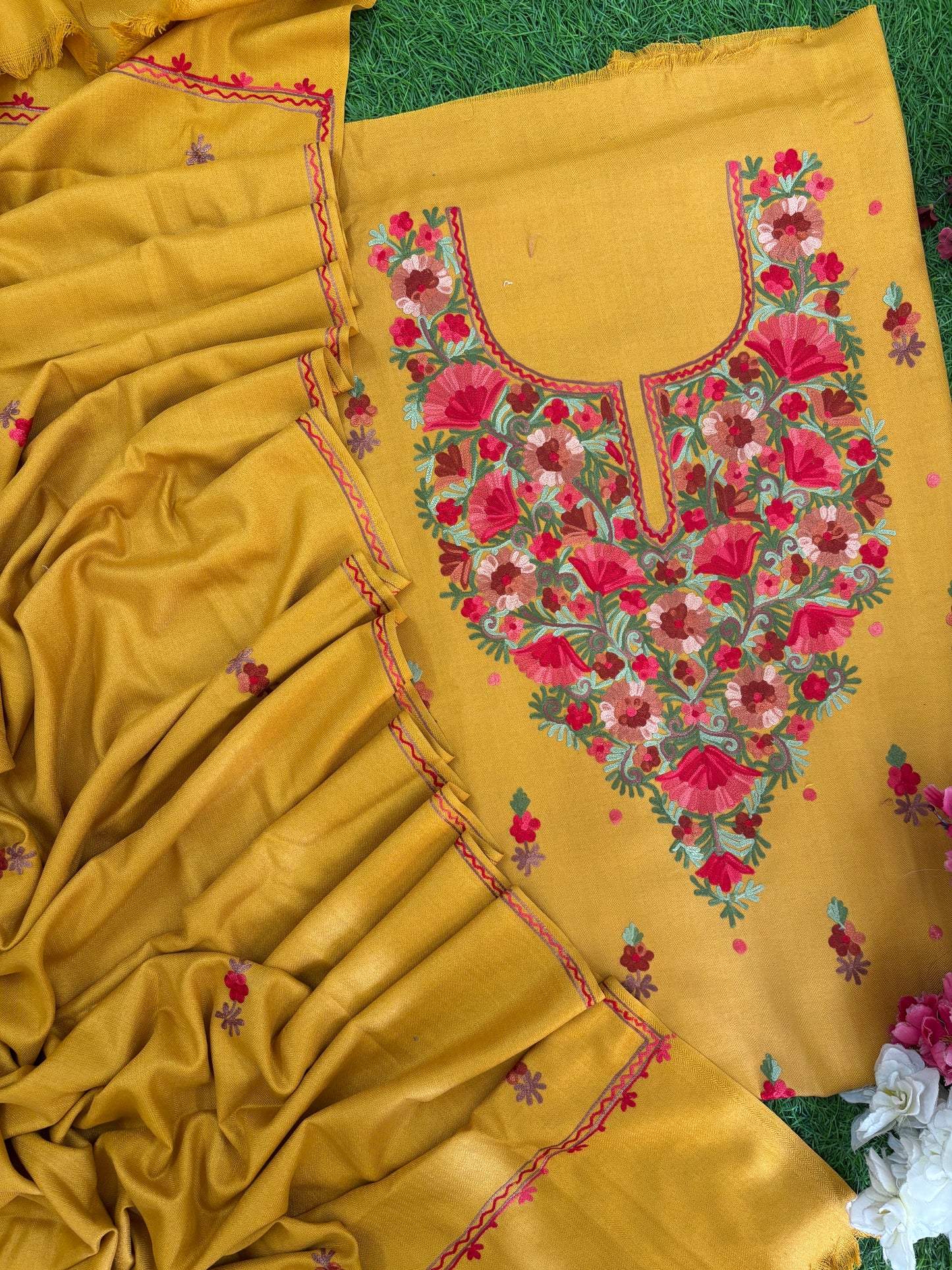 Golden Yellow Woollen Aari Embroidered 3pc suit