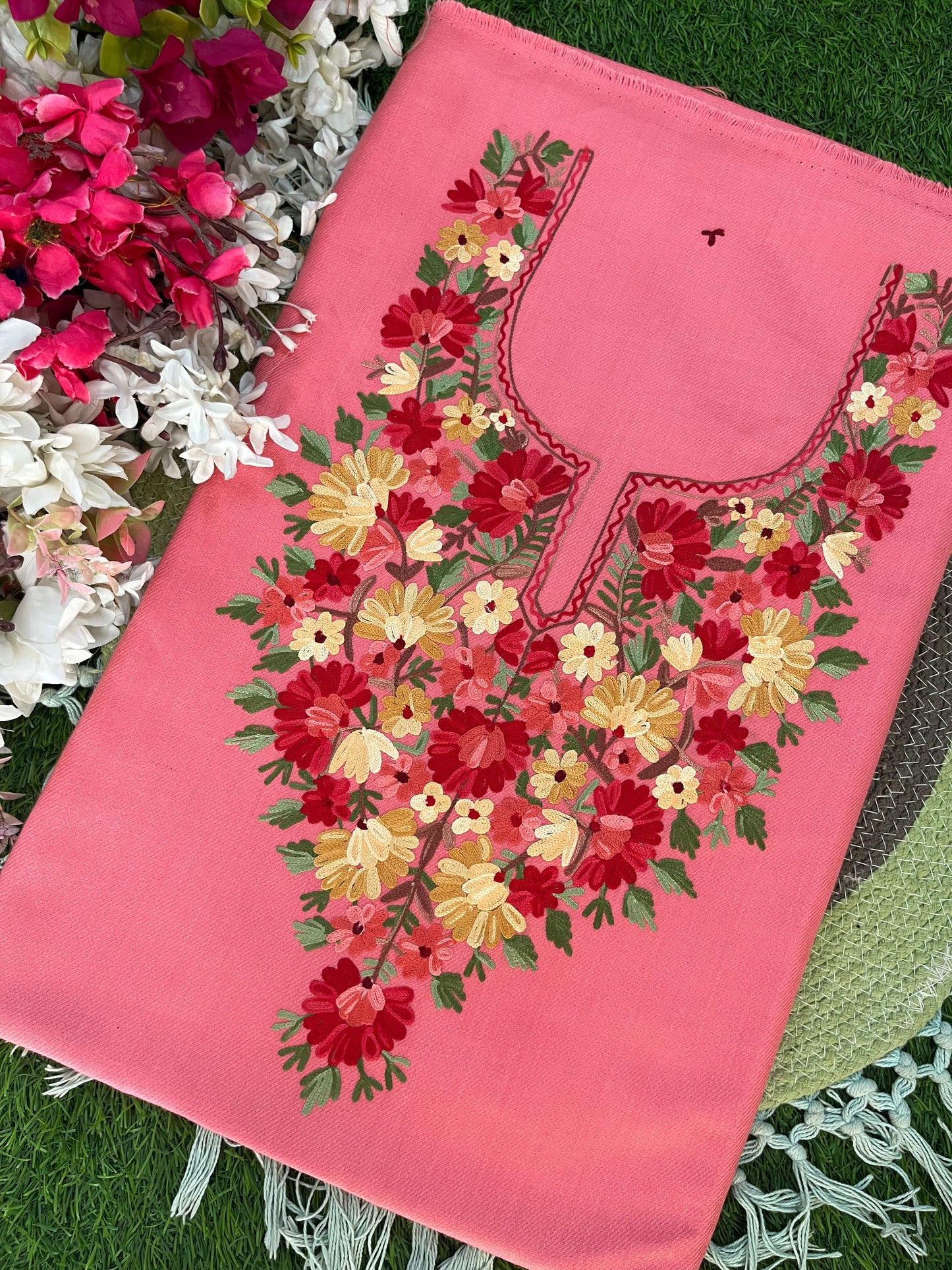 Pink Woollen Aari Embroidered 2pc suit 5mtr