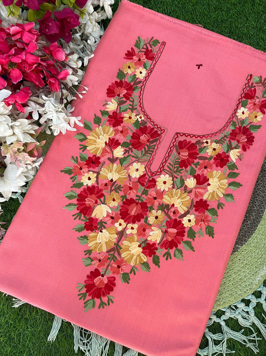 Pink Woollen Aari Embroidered 2pc suit 5mtr