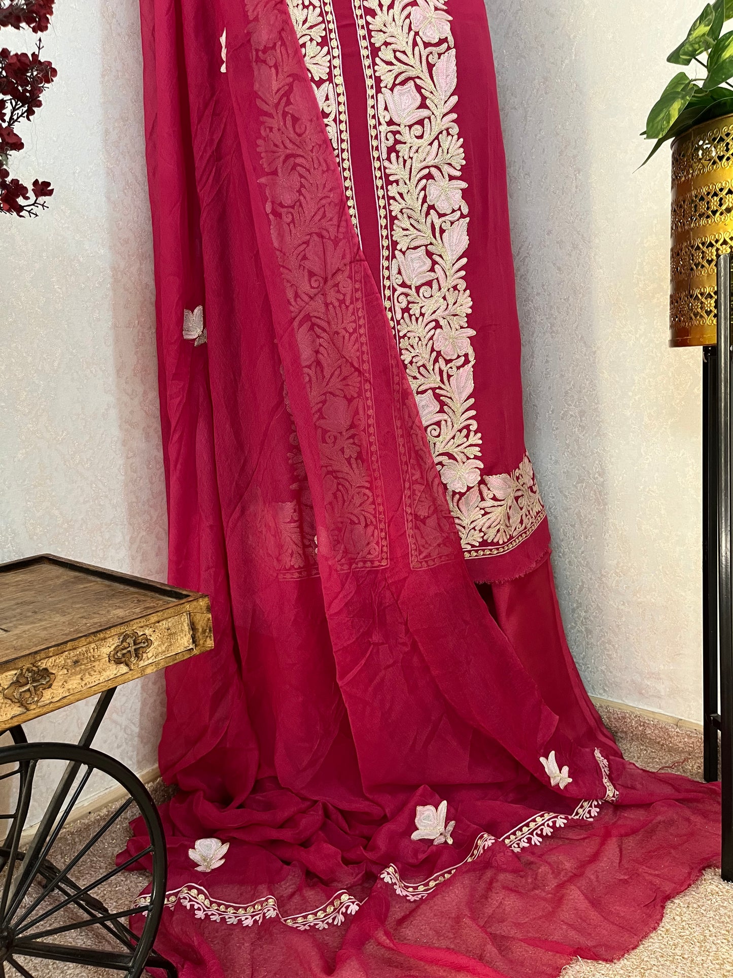Hot Pink Pure Georgette Achkan Kashmiri Suit