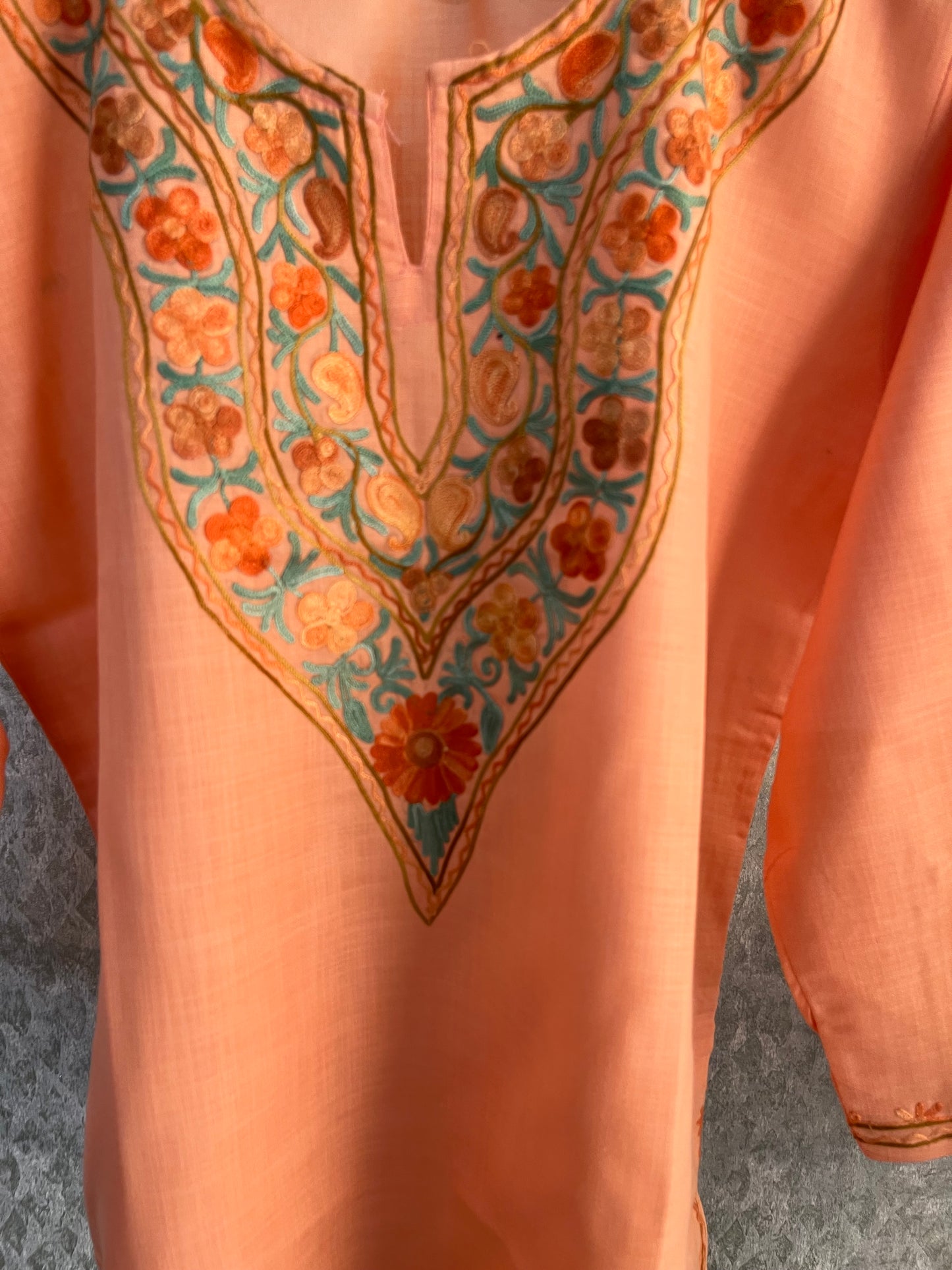 Peach Cotton Aari Work Kurta