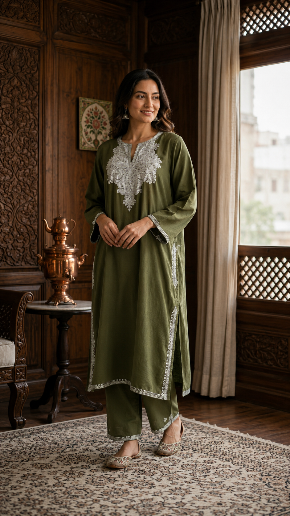 Henna Green Cotton Kashmiri Pheran Set (Upto 46)