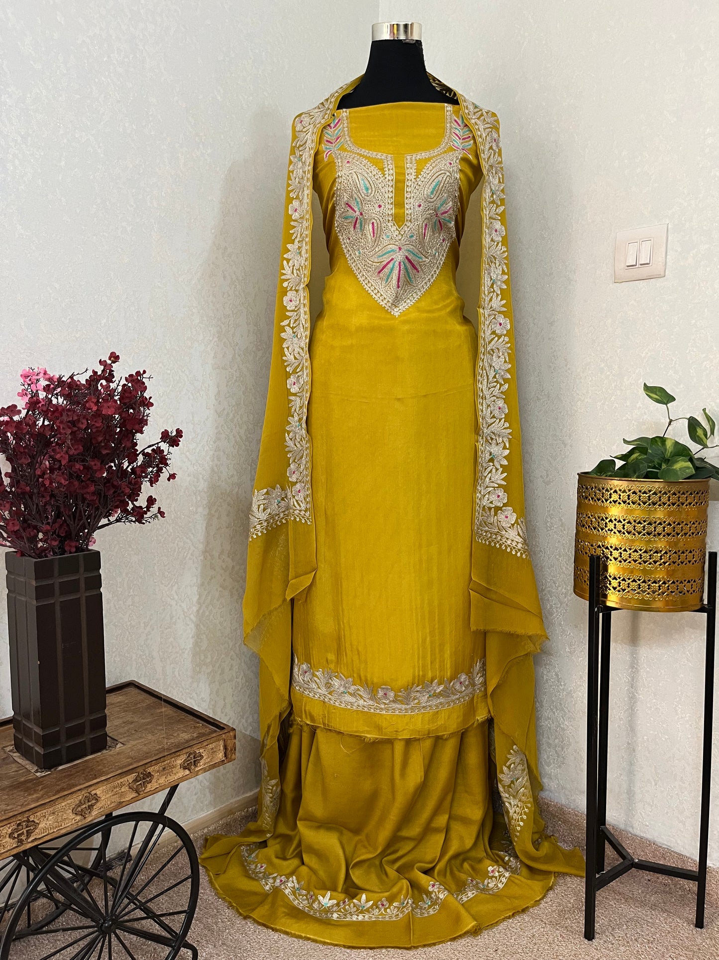 Golden Yellow Opada Silk Kashmiri Suits