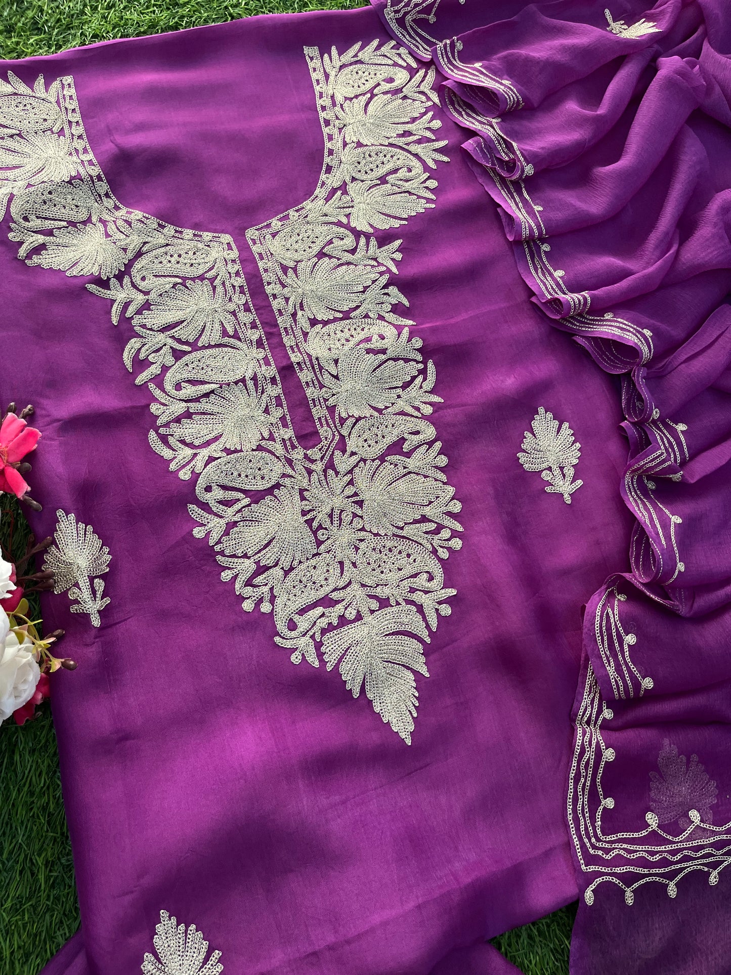 Purple Silk Tilla Kashmiri Suit
