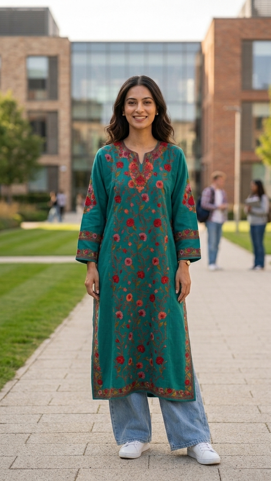 Green Aari Embroidered Wool Pheran