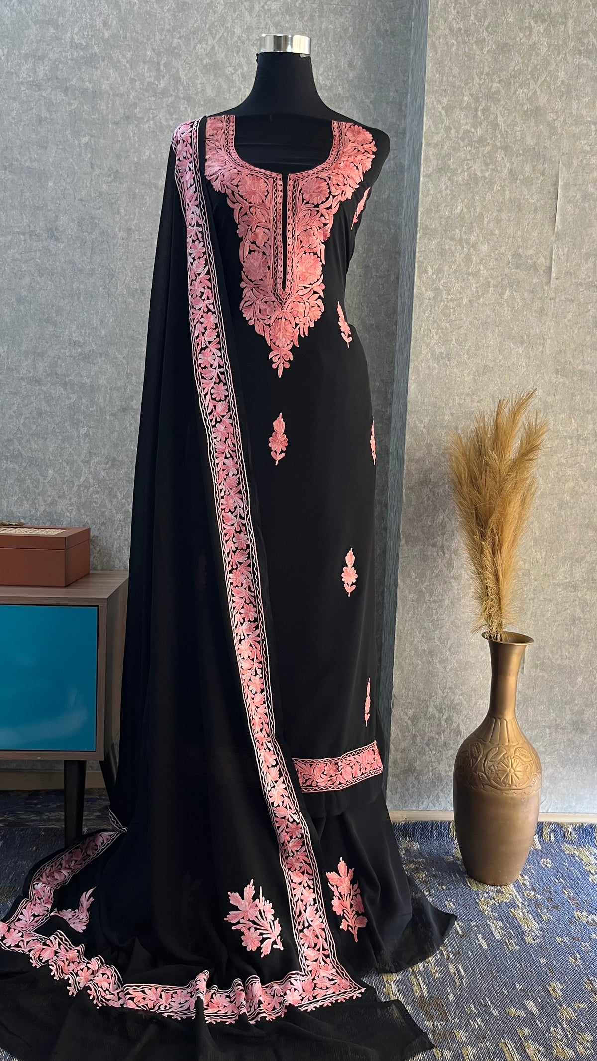 Georgette Black 3 Pc Kashmiri Suit