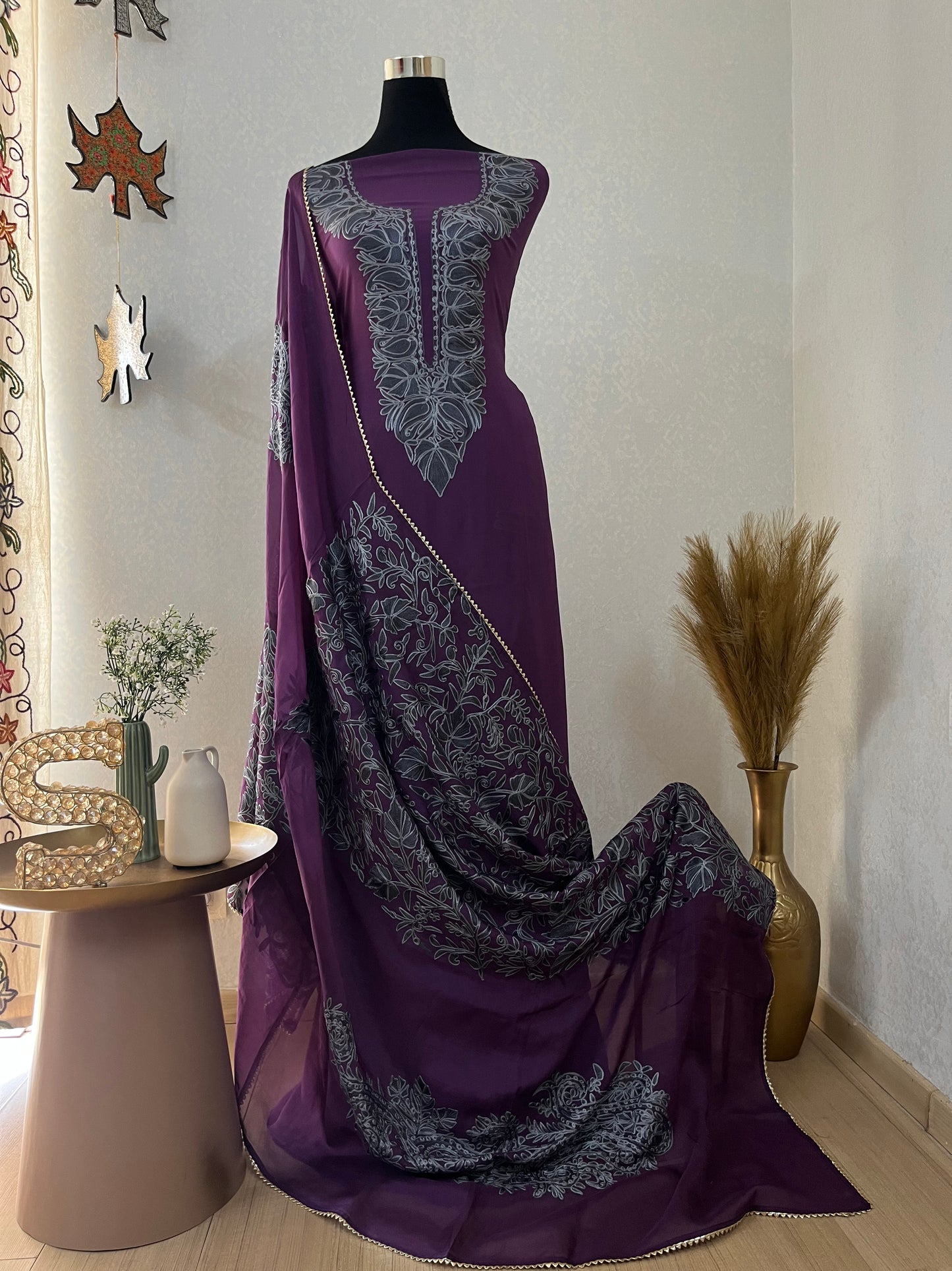 Purple Pure Georgette 3 Pc Heavy Kashmiri Suit