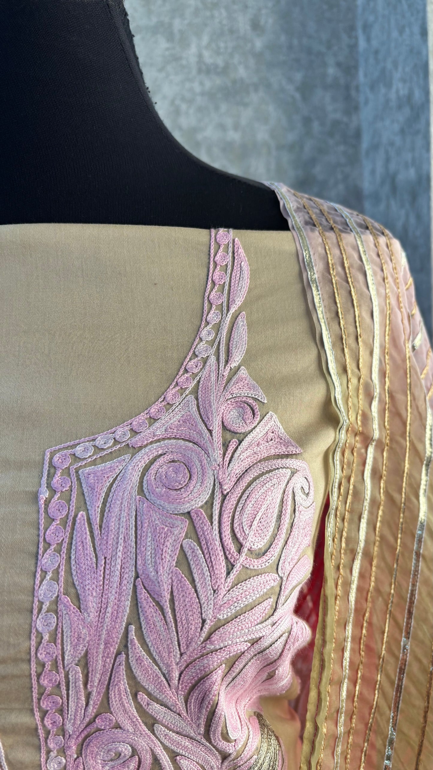 Beige Satin Cotton Kashmiri Suit