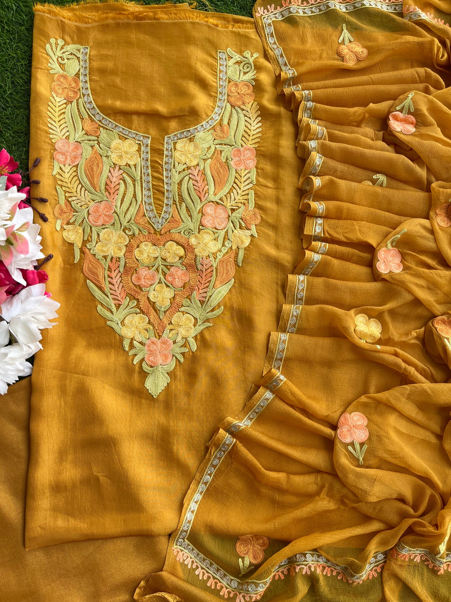 Gold Opada Silk Kashmiri Suits