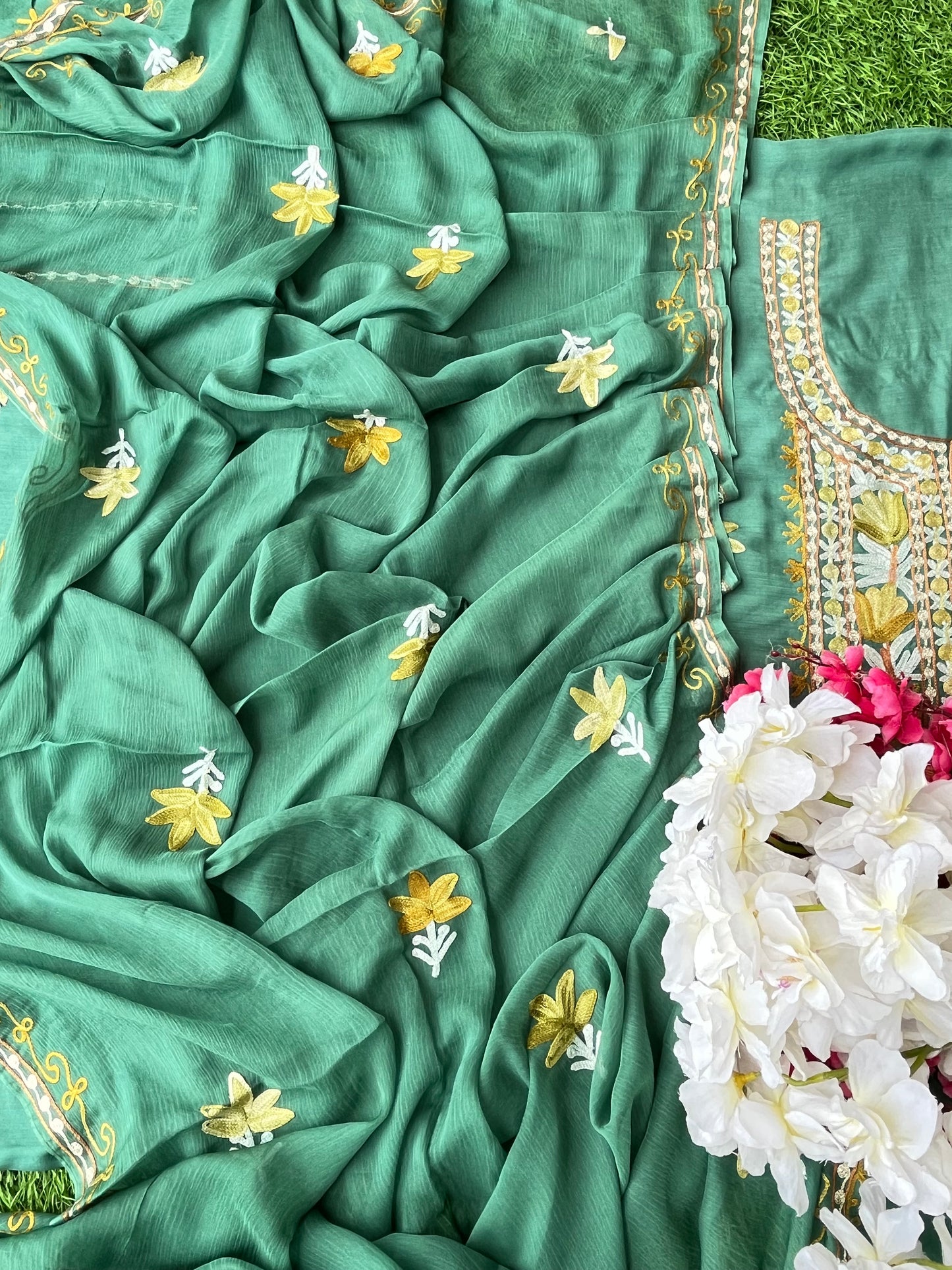 Jade Green Muslin Cotton Aari Embroidered 3pc set