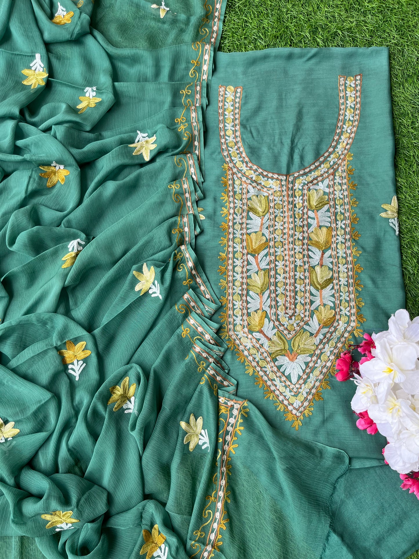 Jade Green Muslin Cotton Aari Embroidered 3pc set