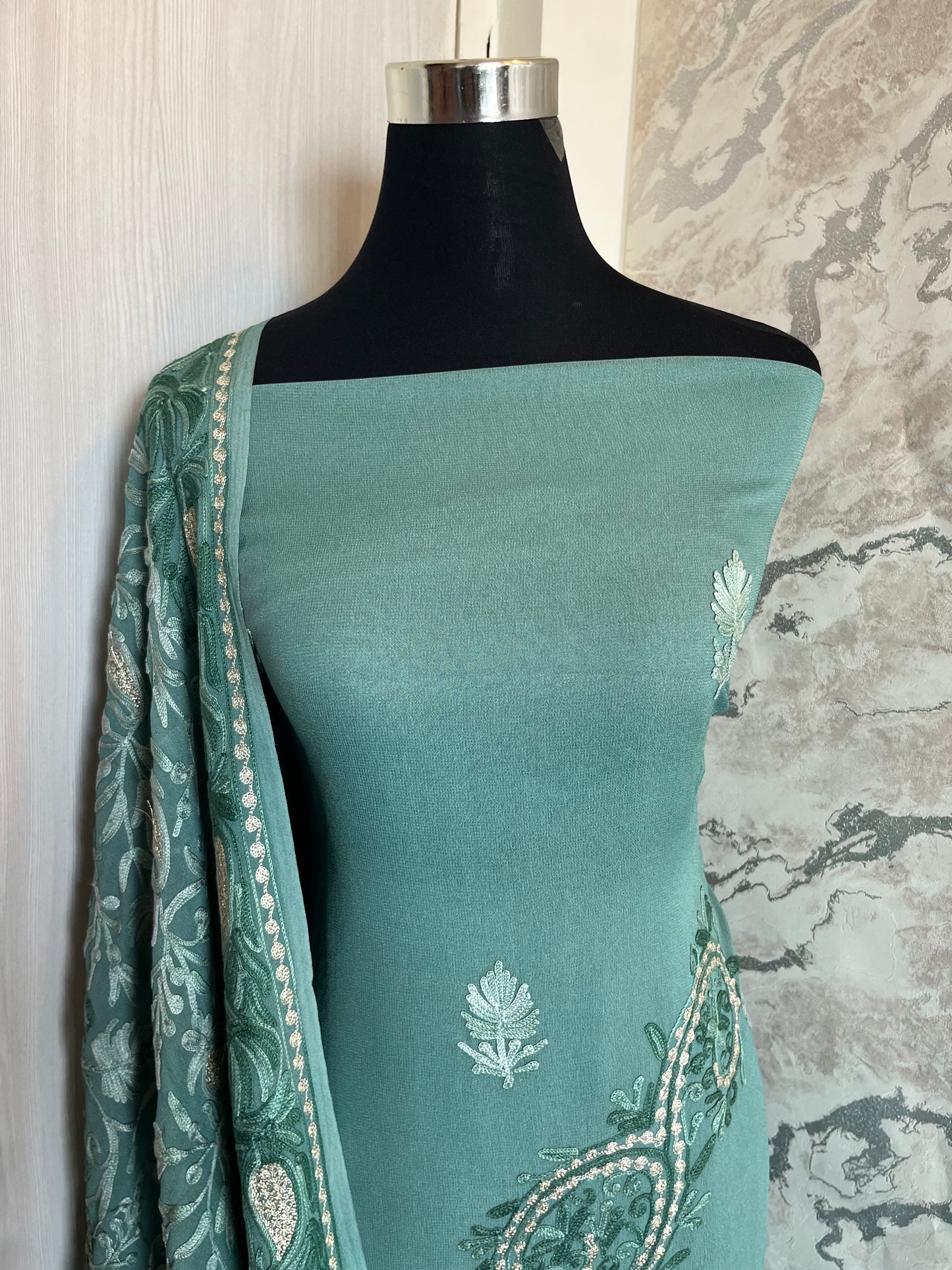 Pastel Green Pure Georgette Aari Embroidered Suit