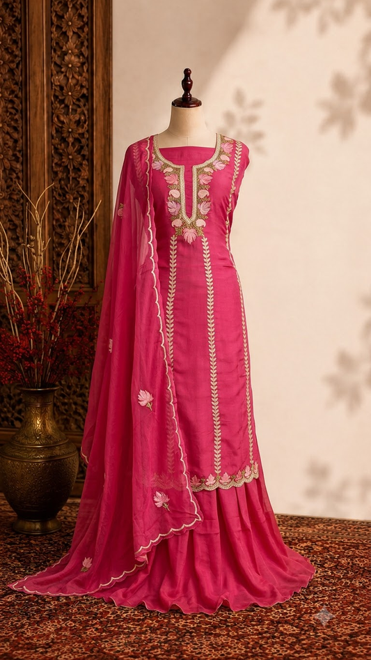 Sanam’ Candy Pink Silk Aari Embroidered Suit material
