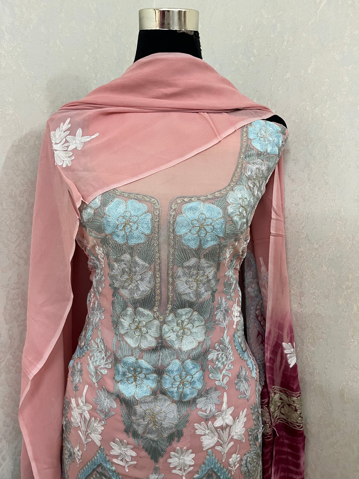 Soft Pink Pure Georgette 3 Pc Aari Embroidered Suit
