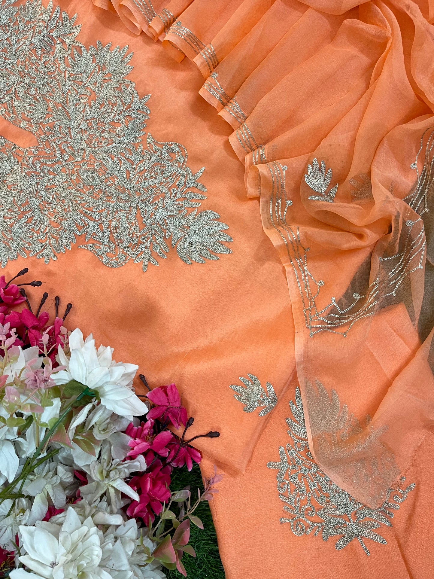 Peach Pink Silk Tilla Kashmiri Suit