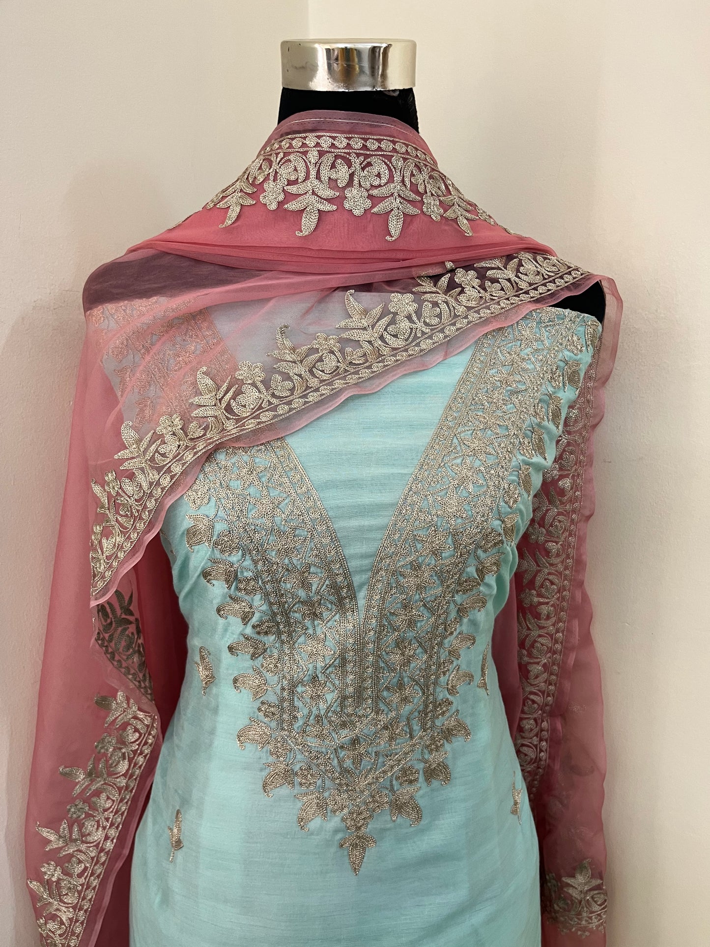 Sky Blue Chanderi Silk Kashmiri Suit