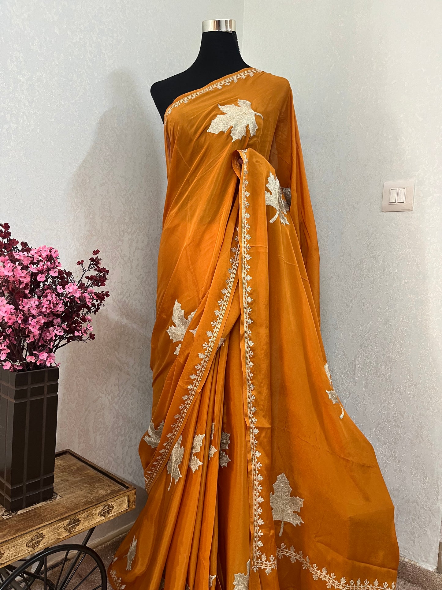 Soft Orange Pure Chinon Kashmiri Tilla Saree
