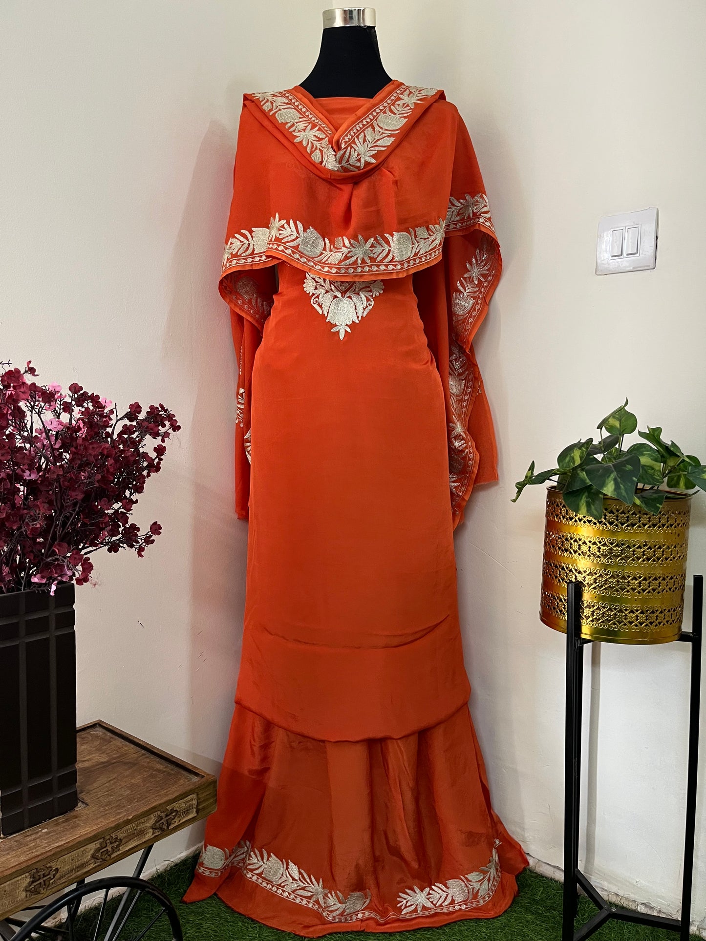 Kalaa’ Orange Crape Kashmiri Suit