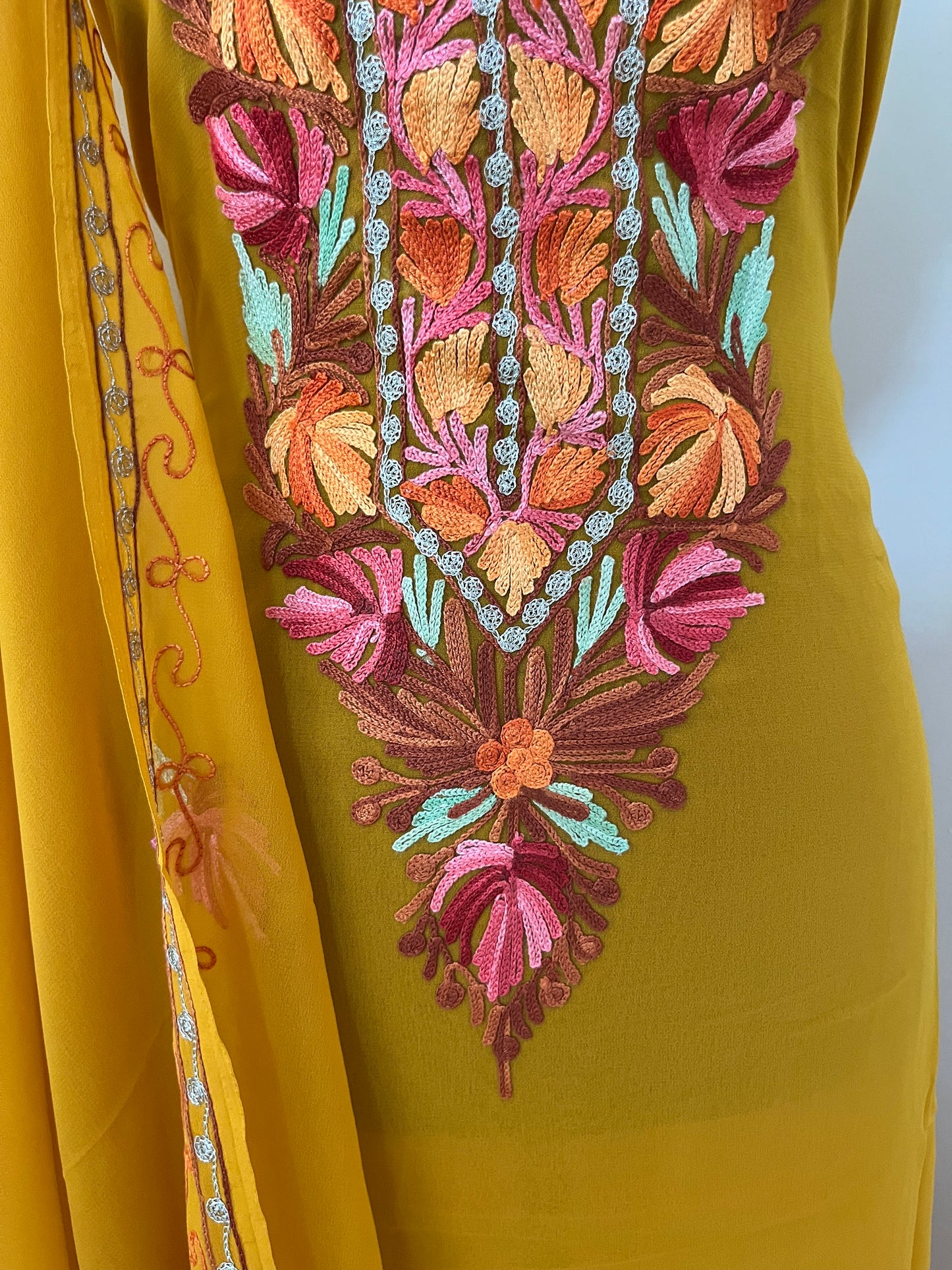 Mustard Georgette Shirt and Dupatta Aari Embroidered Suit