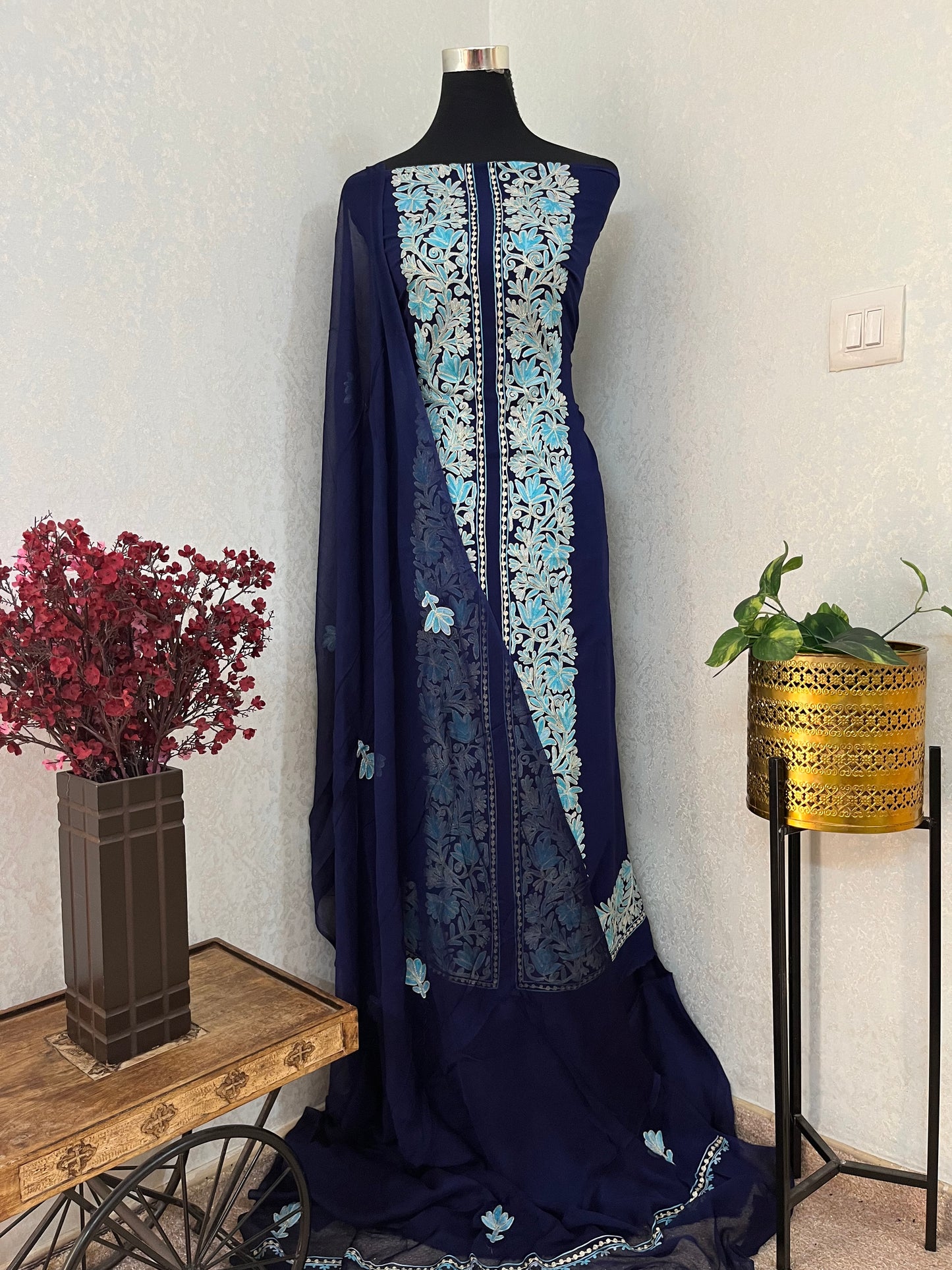 Blue Pure Georgette Achkan Kashmiri Suit