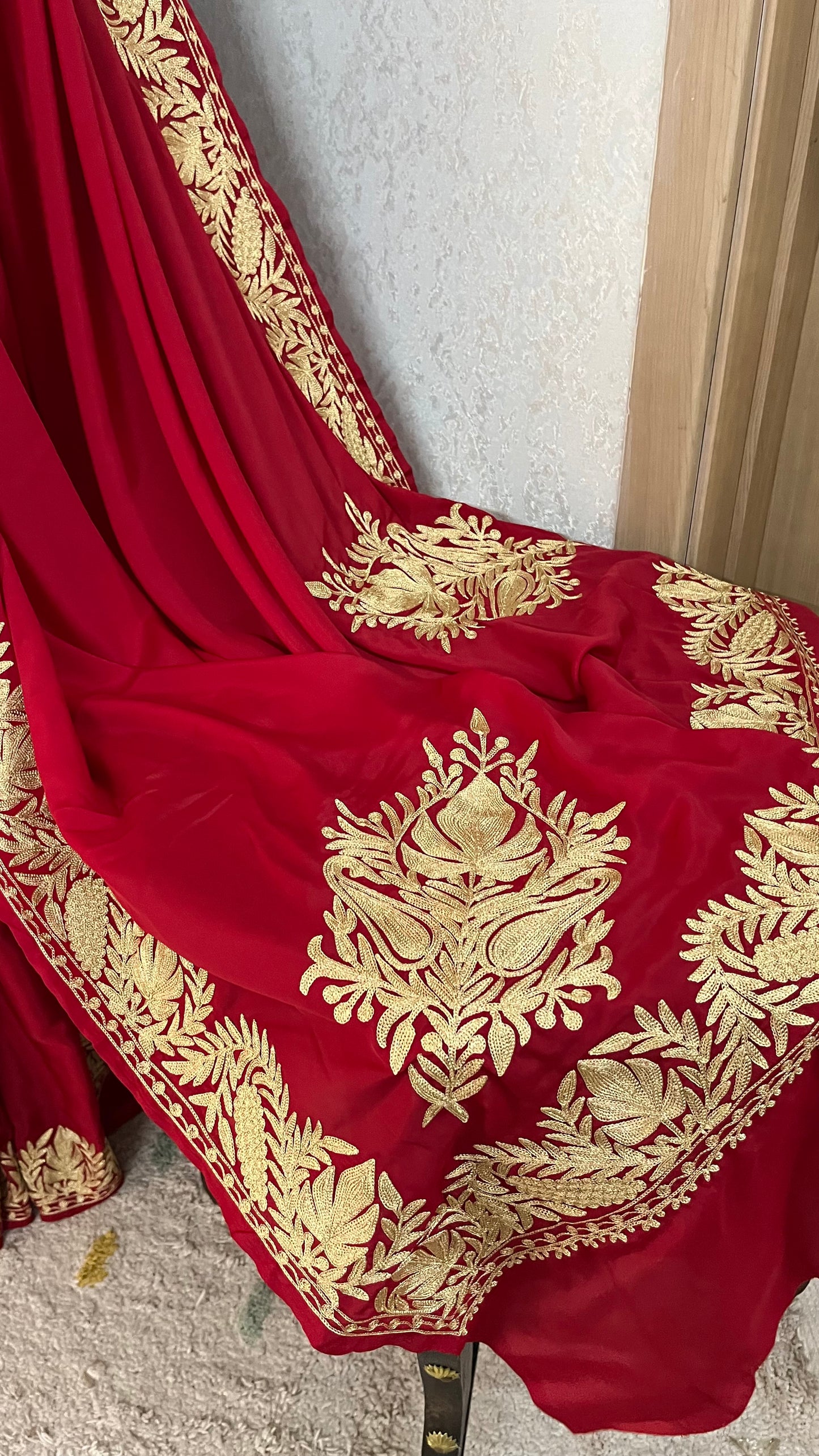 Red Crape Kashmiri Tilla Saree