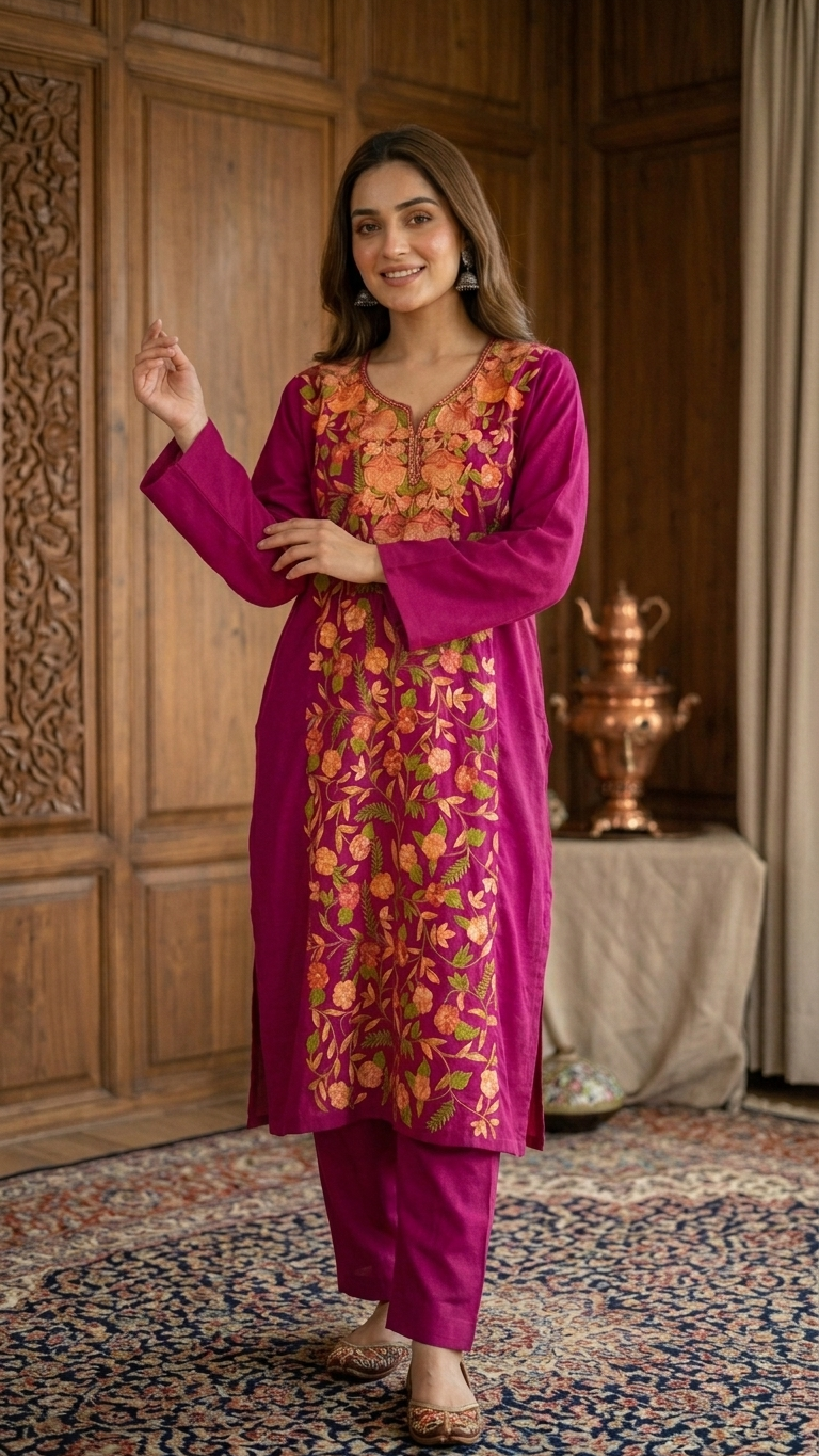 Hot Pink Cotton Front Jaal Pheran Set  Size (48)