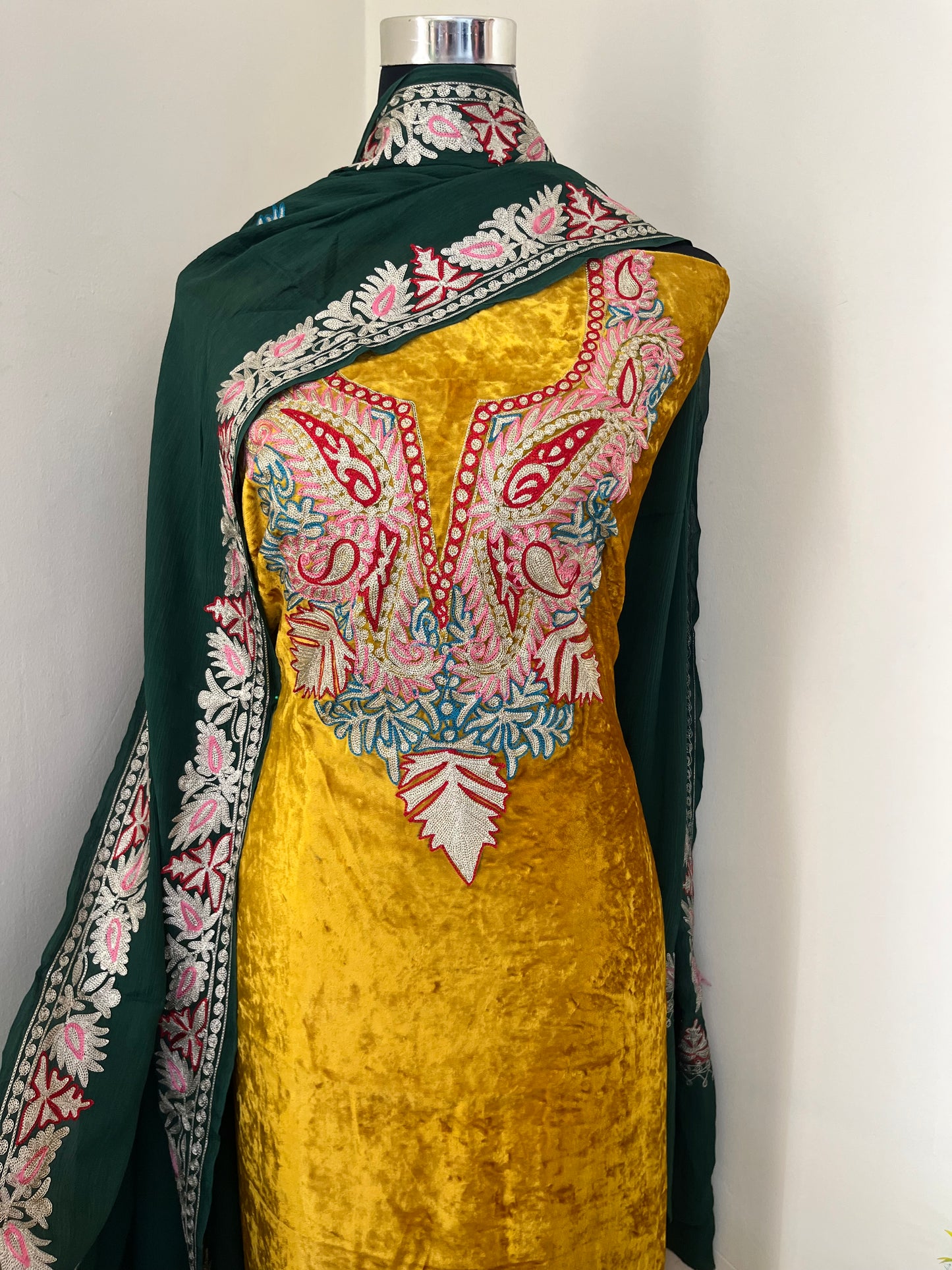 Golden Yellow Tilla Embroidered Pure Makhmal 3pc Suit Material