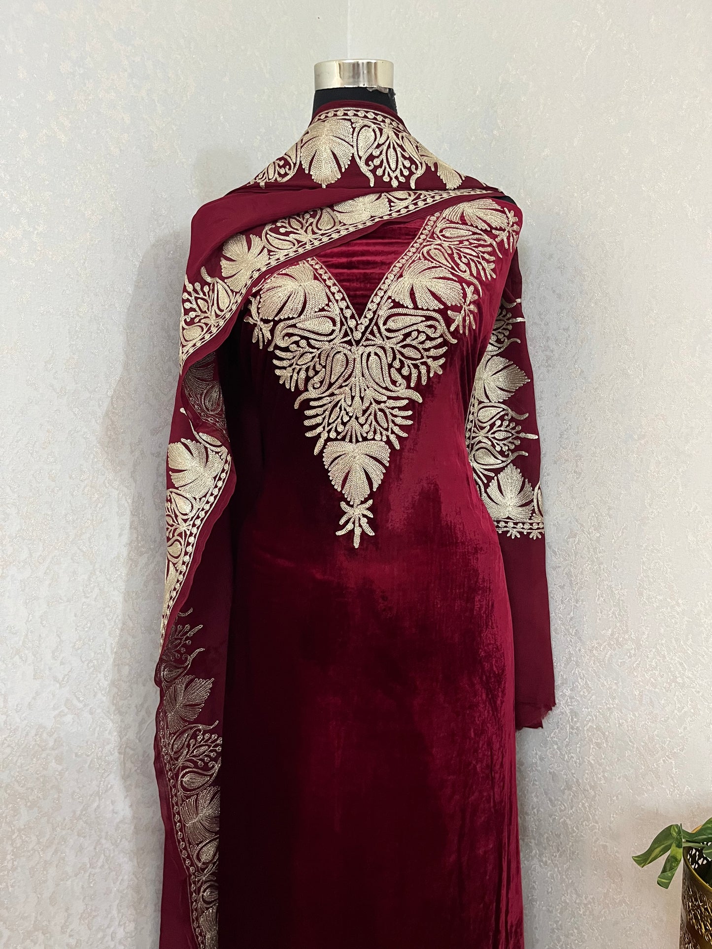 Maroon Tilla Makhmal 3pc Suit