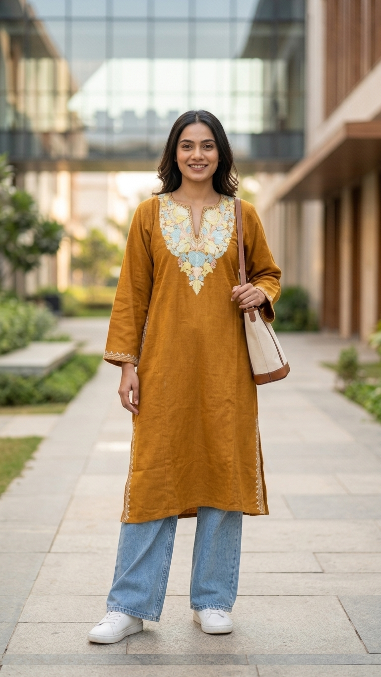 Mustard Yellow Aari Embroidered Wool Pheran