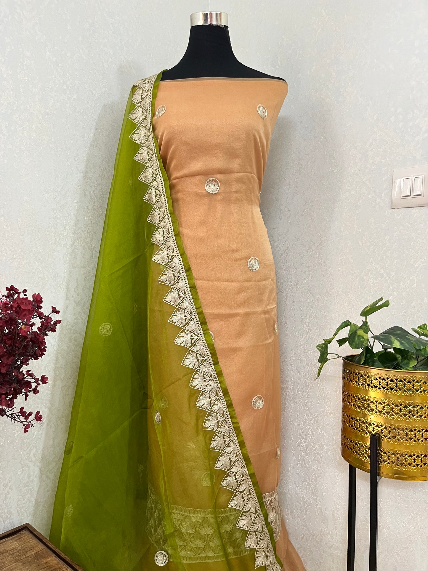 Golden Soft Tissue Kashmiri Suit