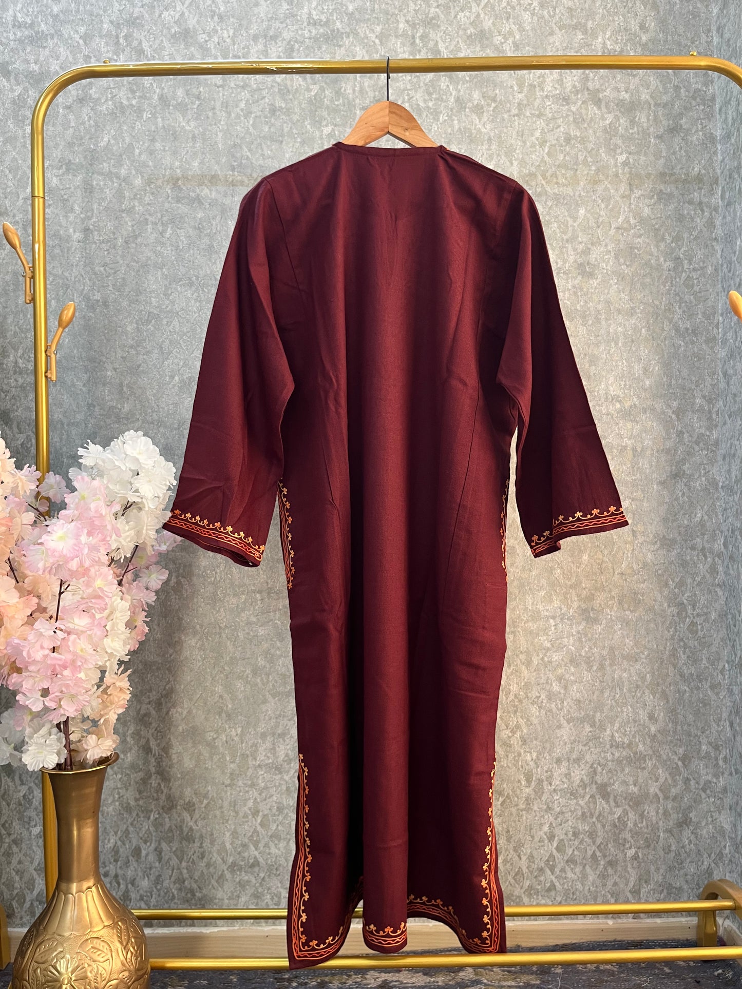 Reddish Brown Aari Embroidered Wool Pheran