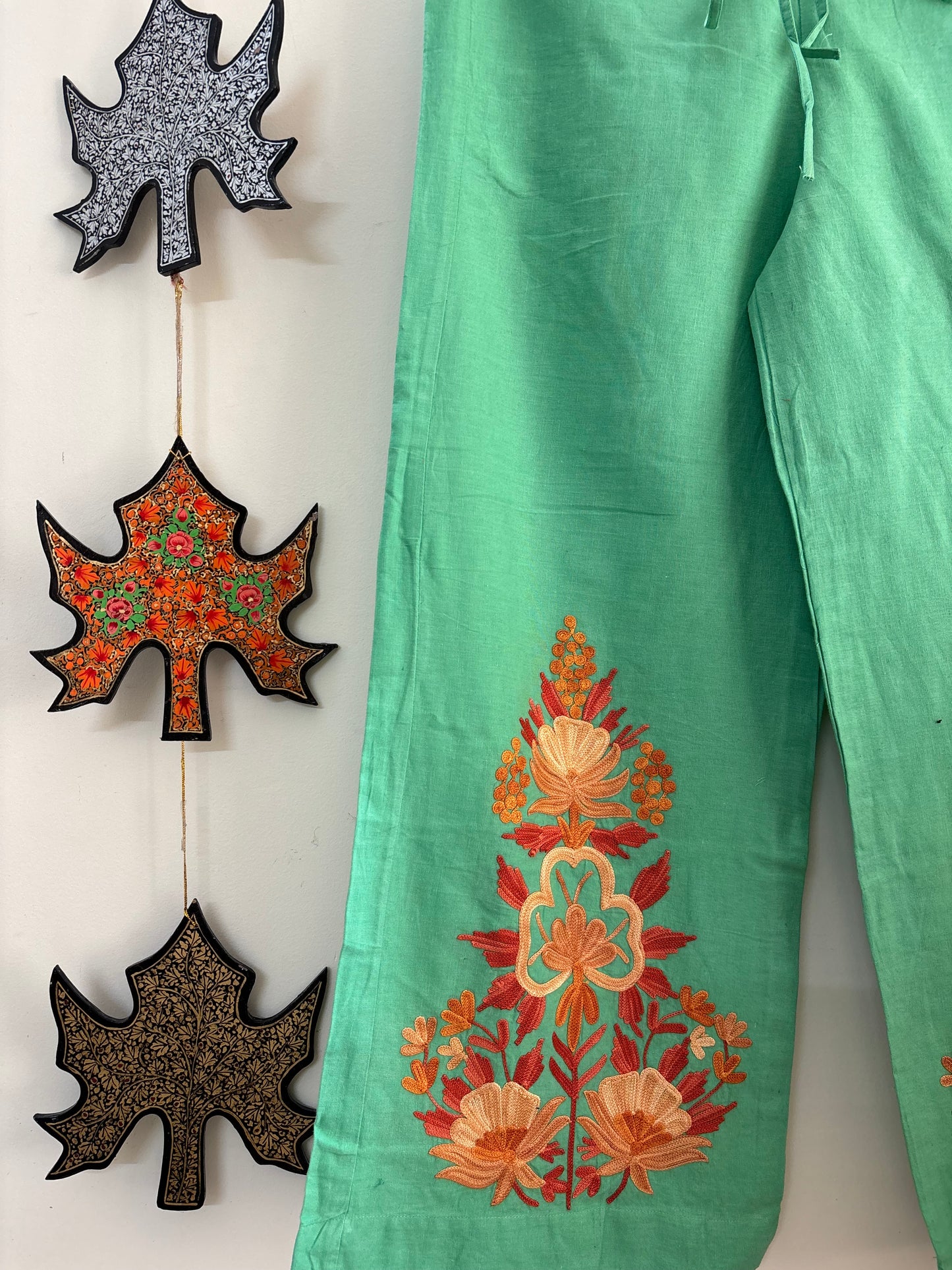 Women Green Solid Cropped Wide Leg Aari Embroidered Palazzos ‘L’
