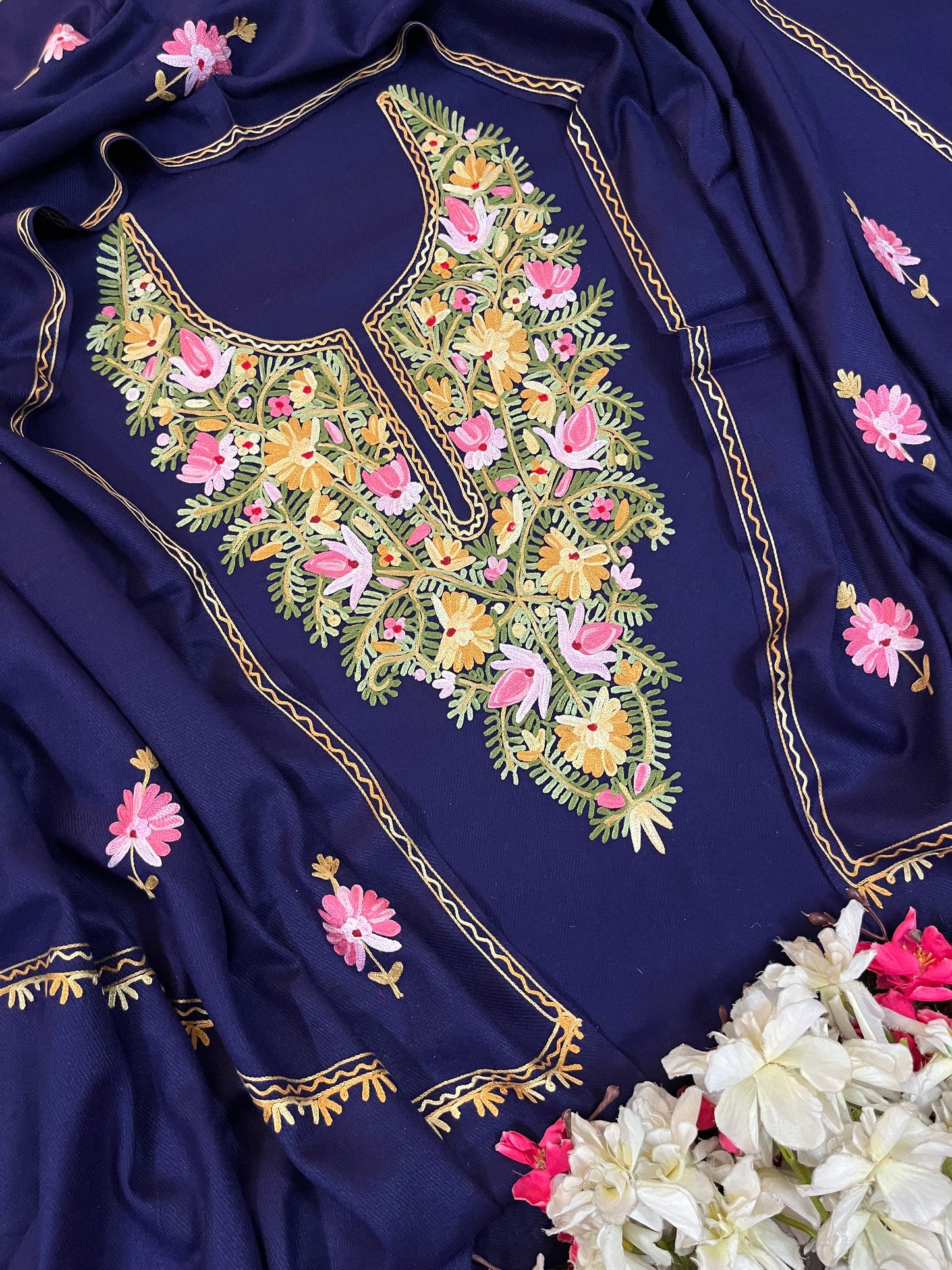 Navy Blue Woollen Aari Embroidered 3pc suit