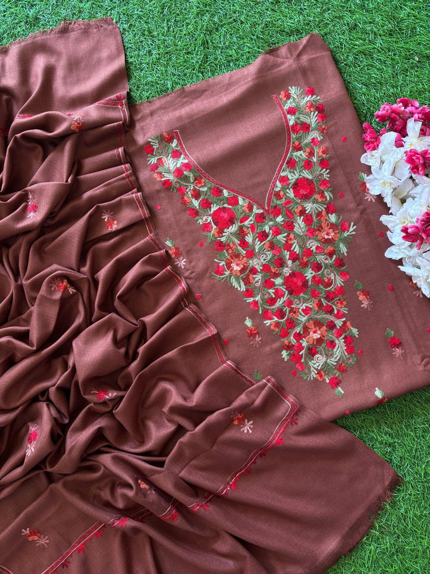 Soft Brown Woollen Aari Embroidered 3pc suit