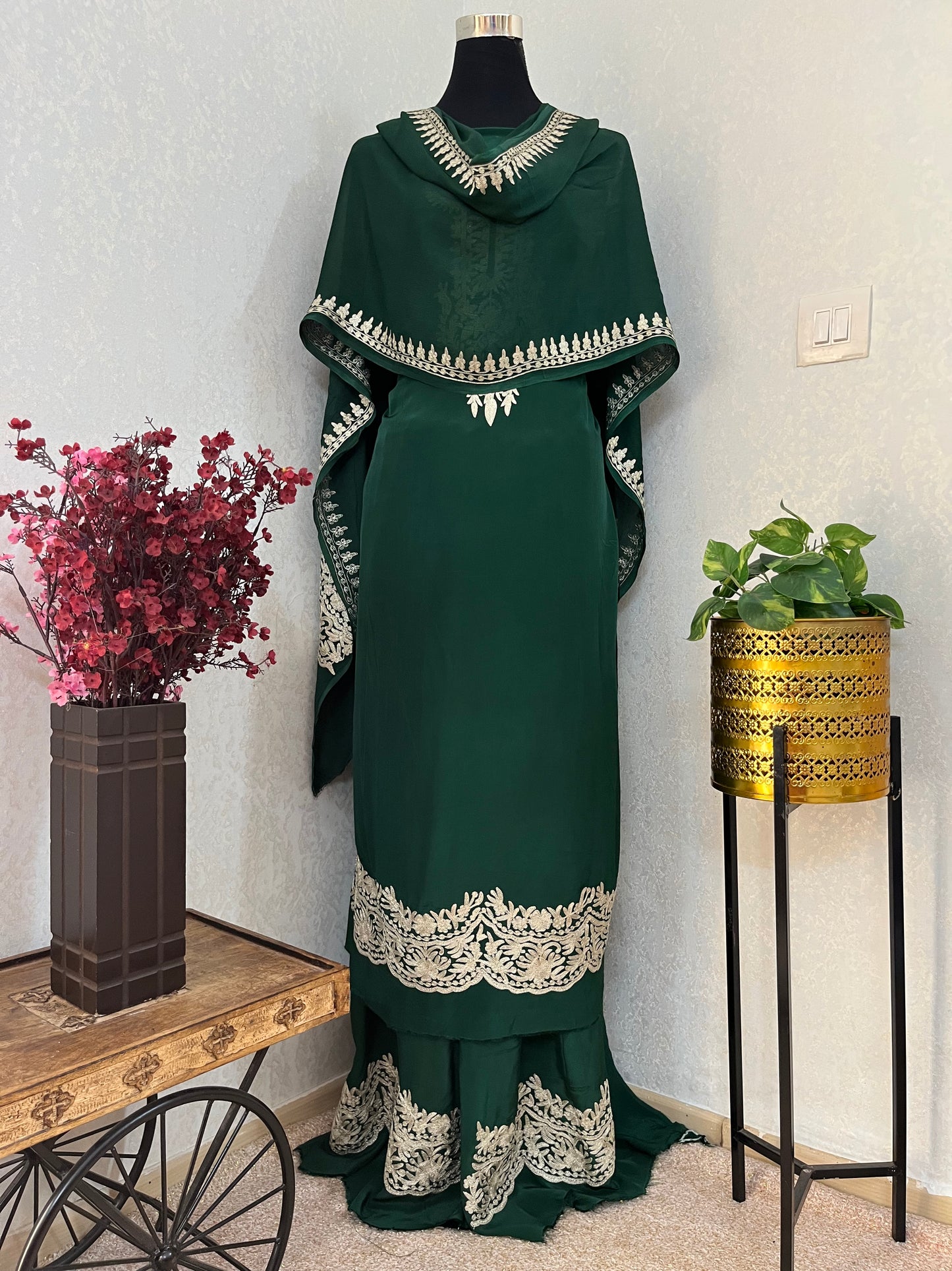Bottle Green Crape Kashmiri Suit