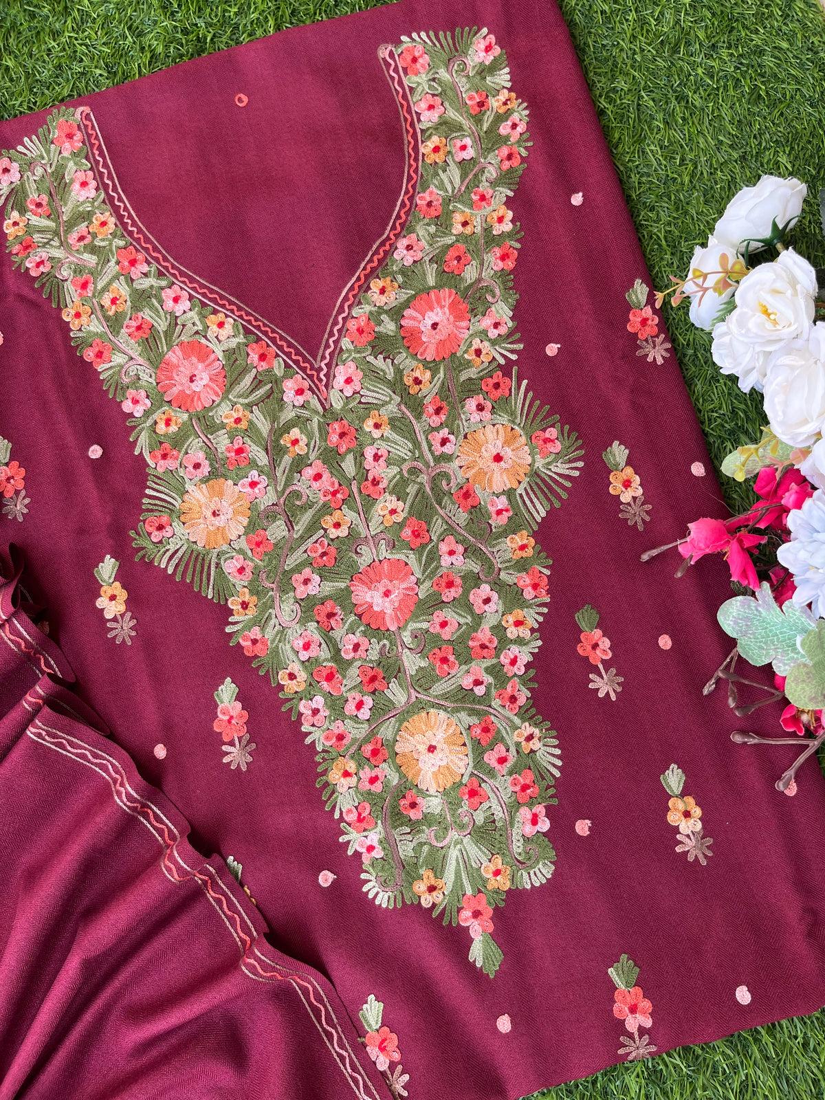 Maroon Woollen Aari Embroidered 3pc suit
