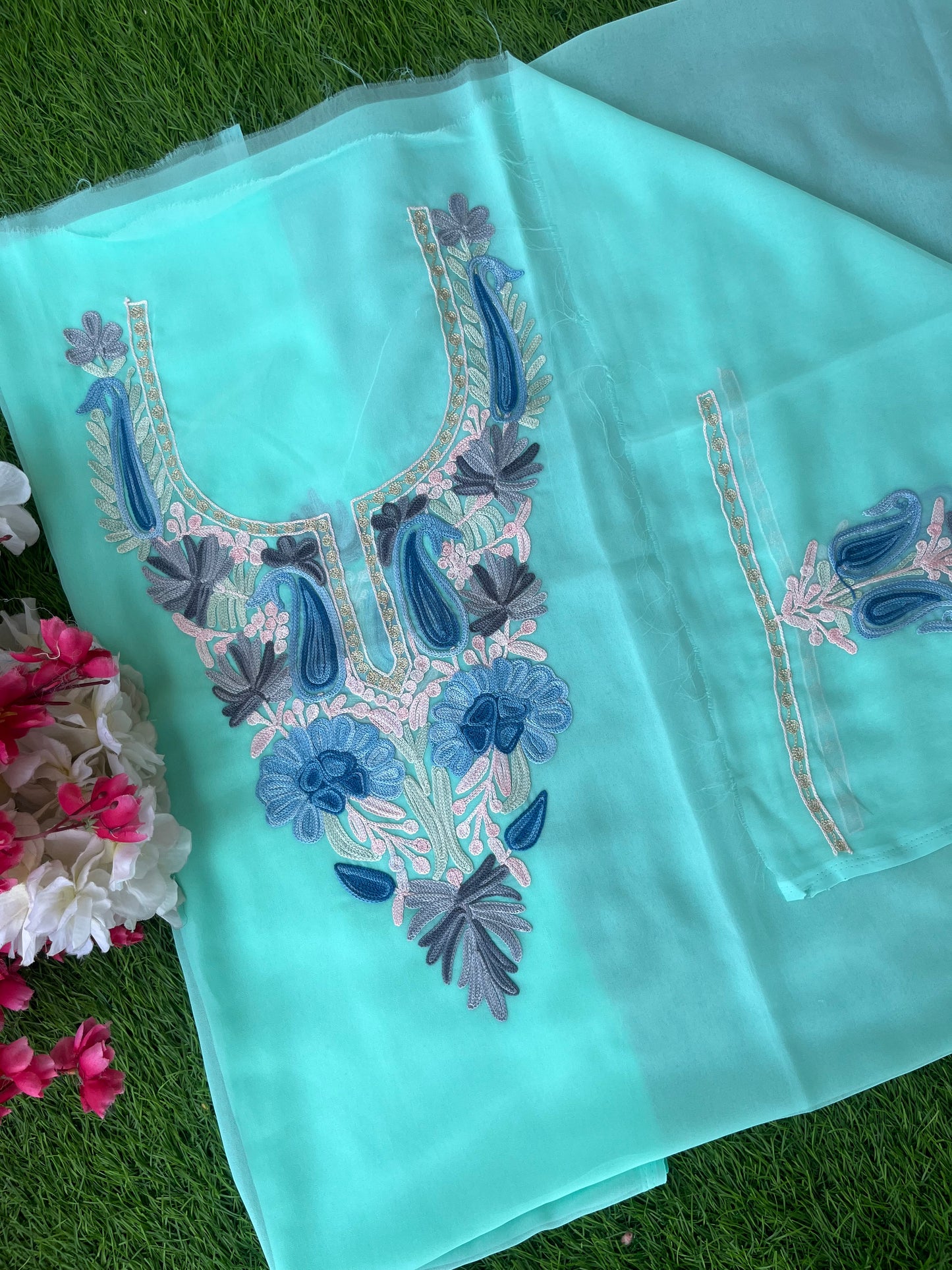 Sky Blue Georgette Aari Embroidered Unstitched Kurta Material