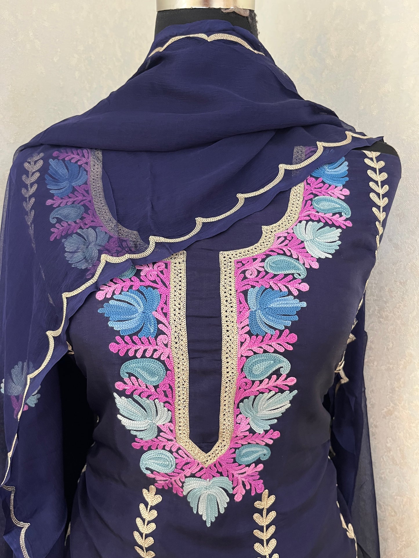 Sanam’ Navy Blue Silk Aari Embroidered Suit material