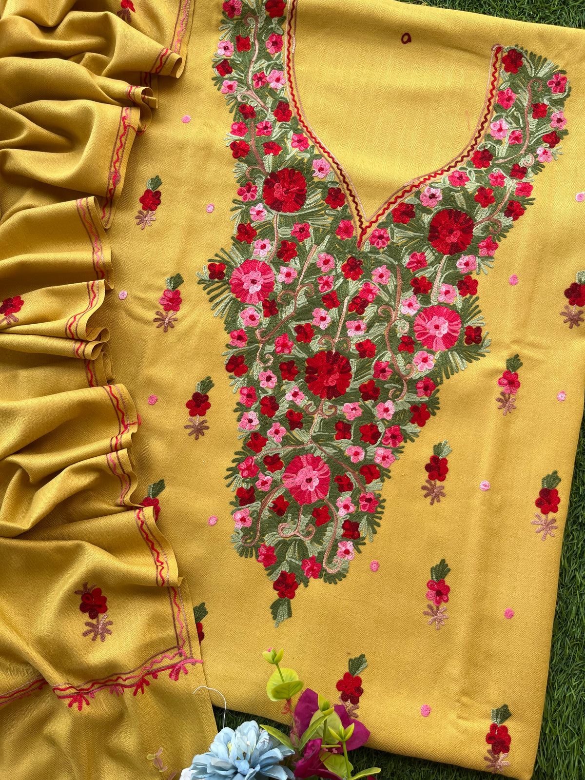 Yellow Woollen Aari Embroidered 3pc suit