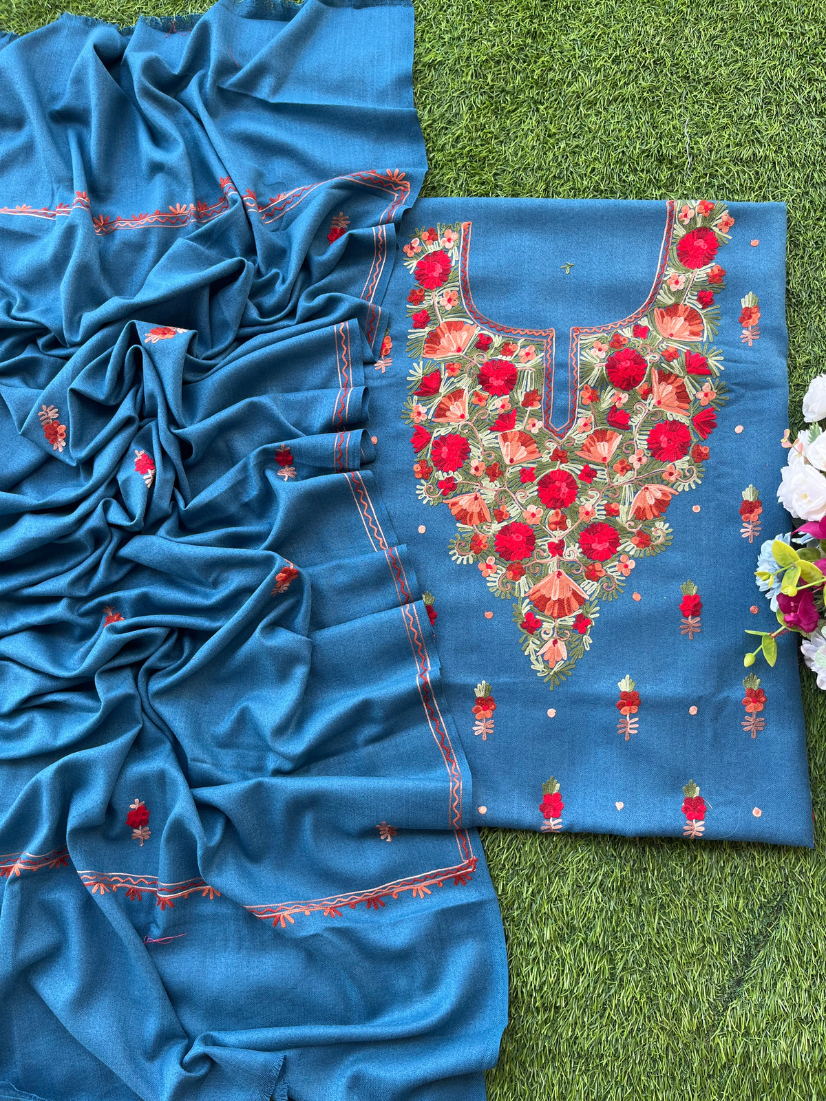 Peacock Blue Woollen Aari Embroidered 3pc suit