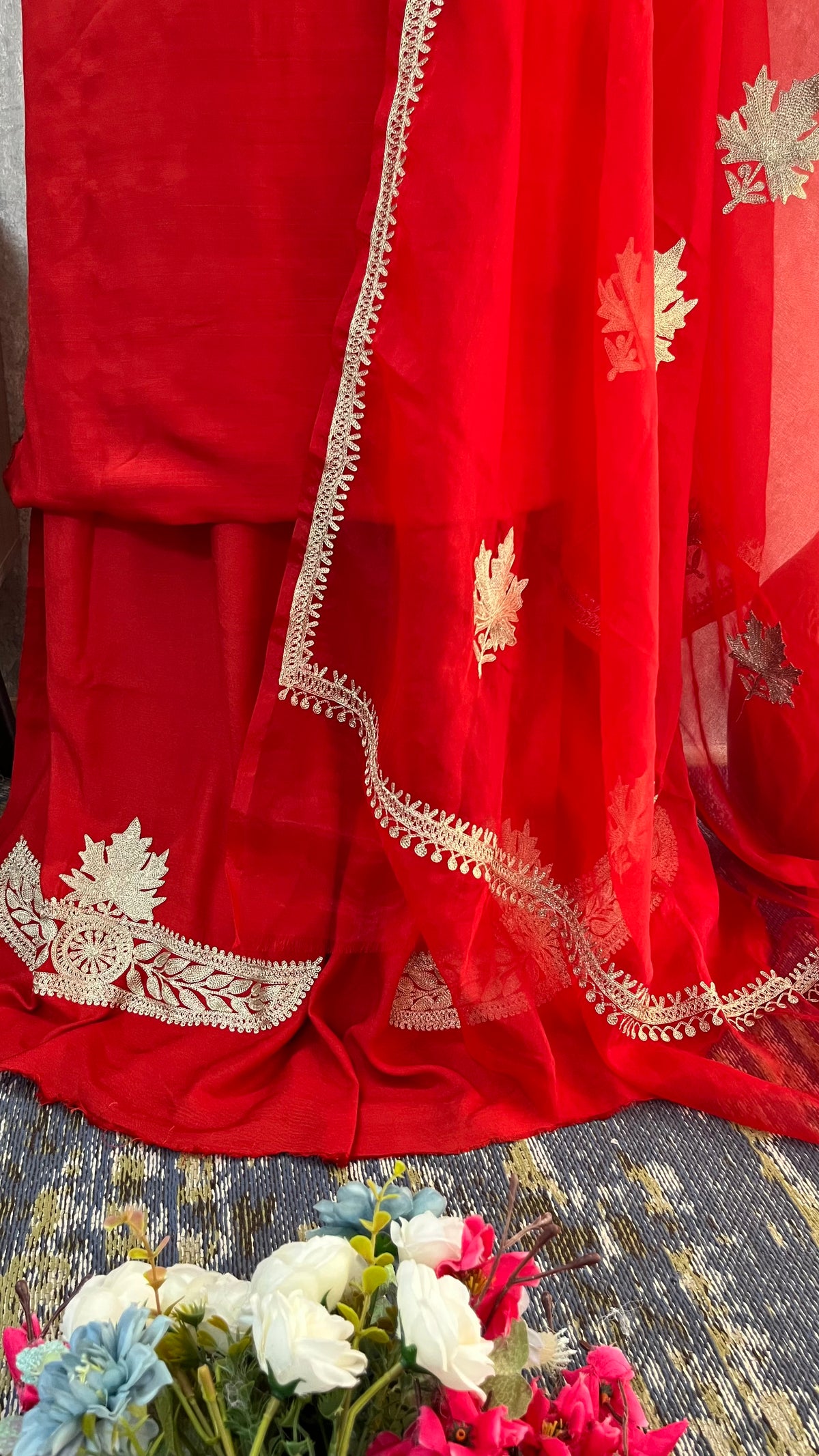 Red Silk Tilla Embroidered Suit