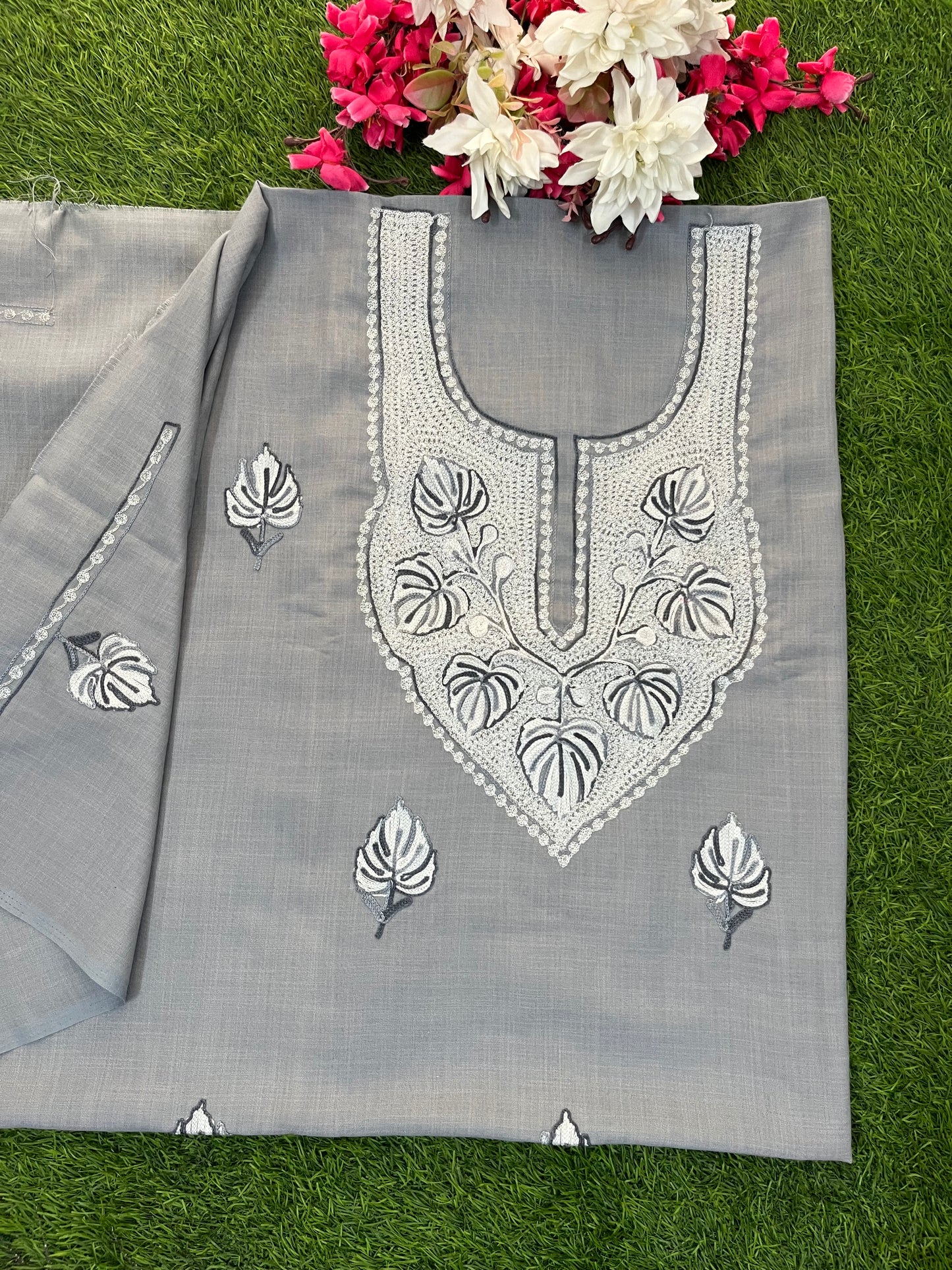 Grey Cotton Unstitched Aari Work Kurti