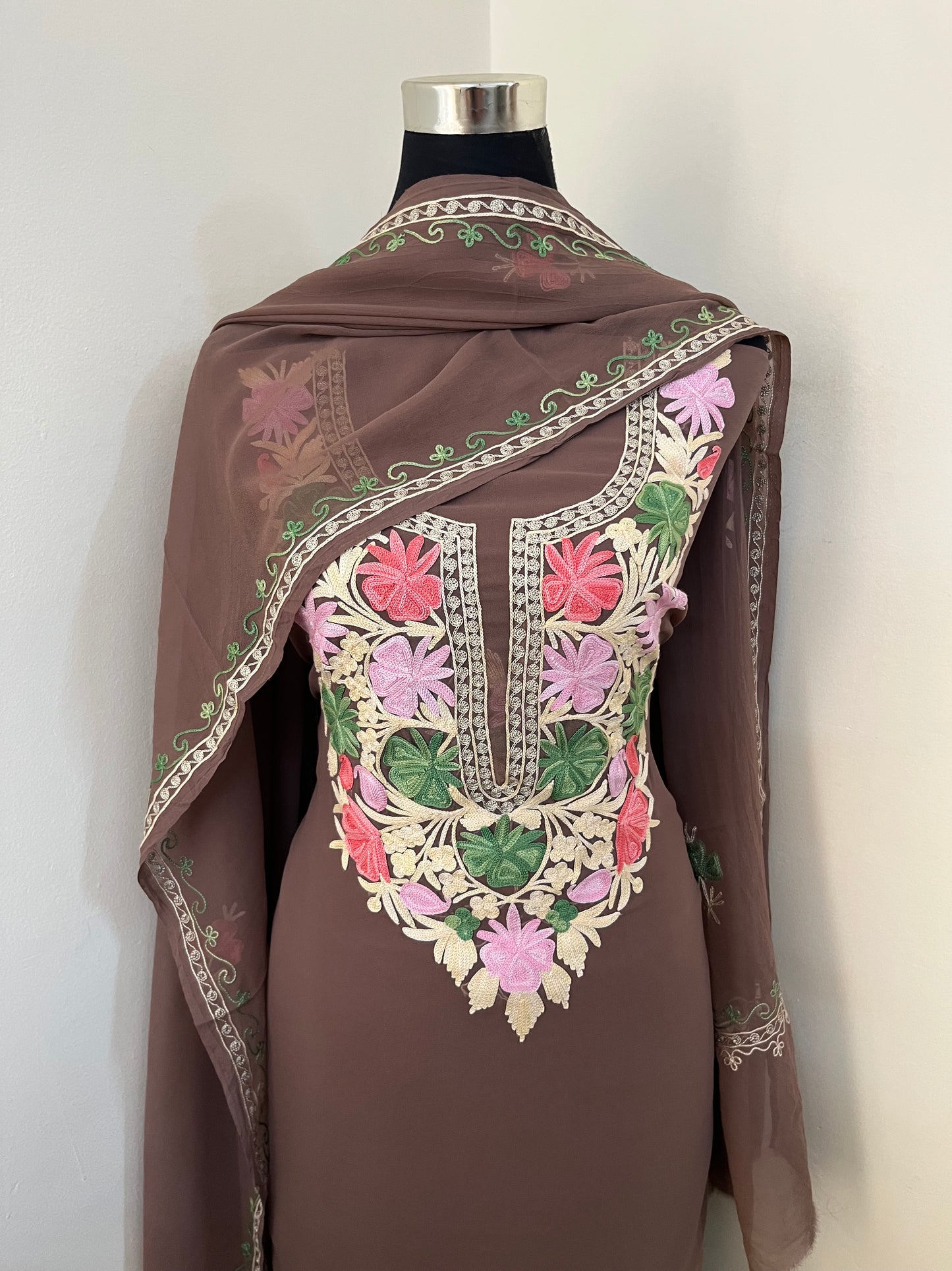Coffee Brown Georgette 3 Pc Aari Embroidered Suit Set