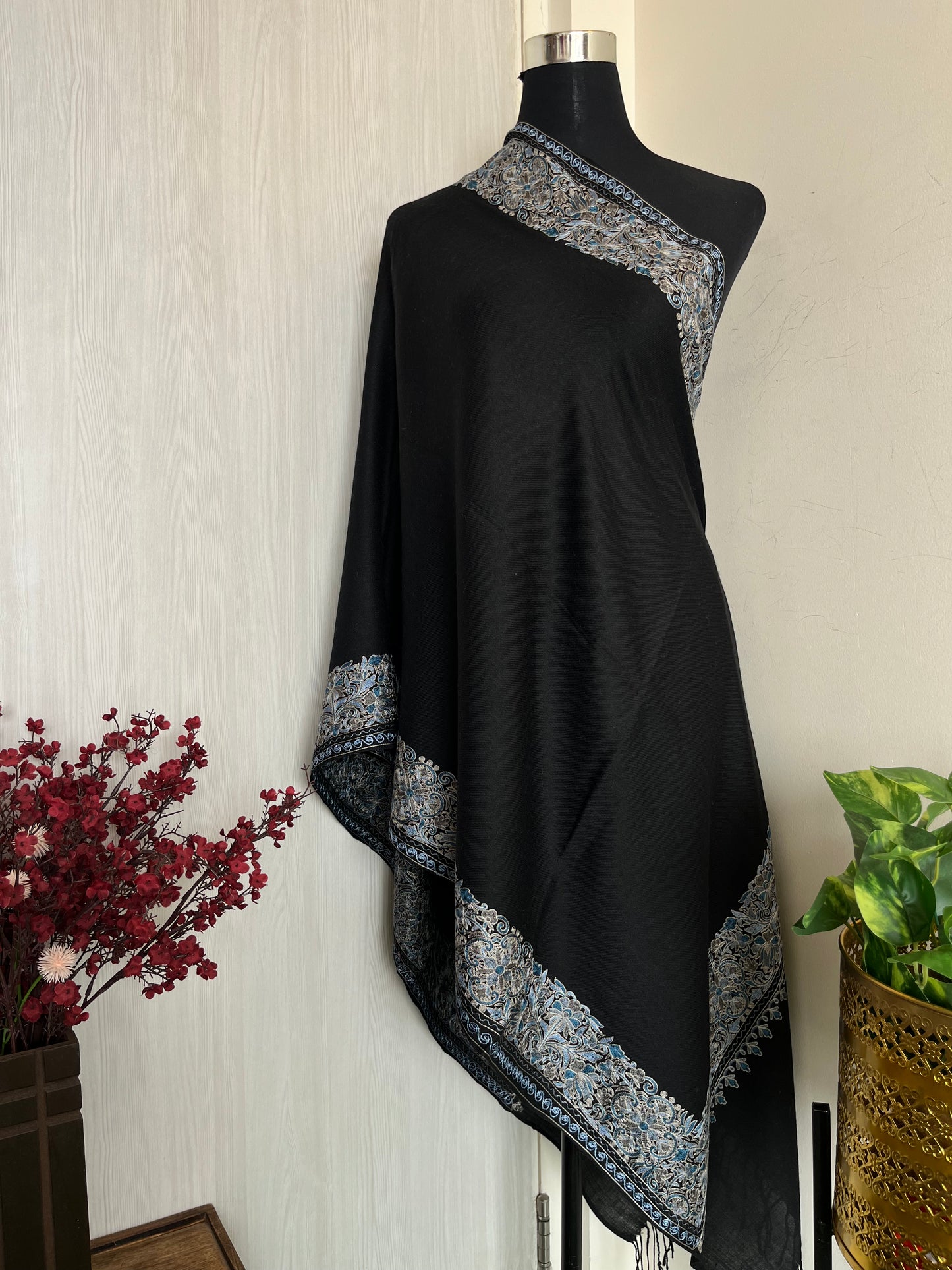 Black Silk Thread Border Embroidered Fine Semi Pashmina stole