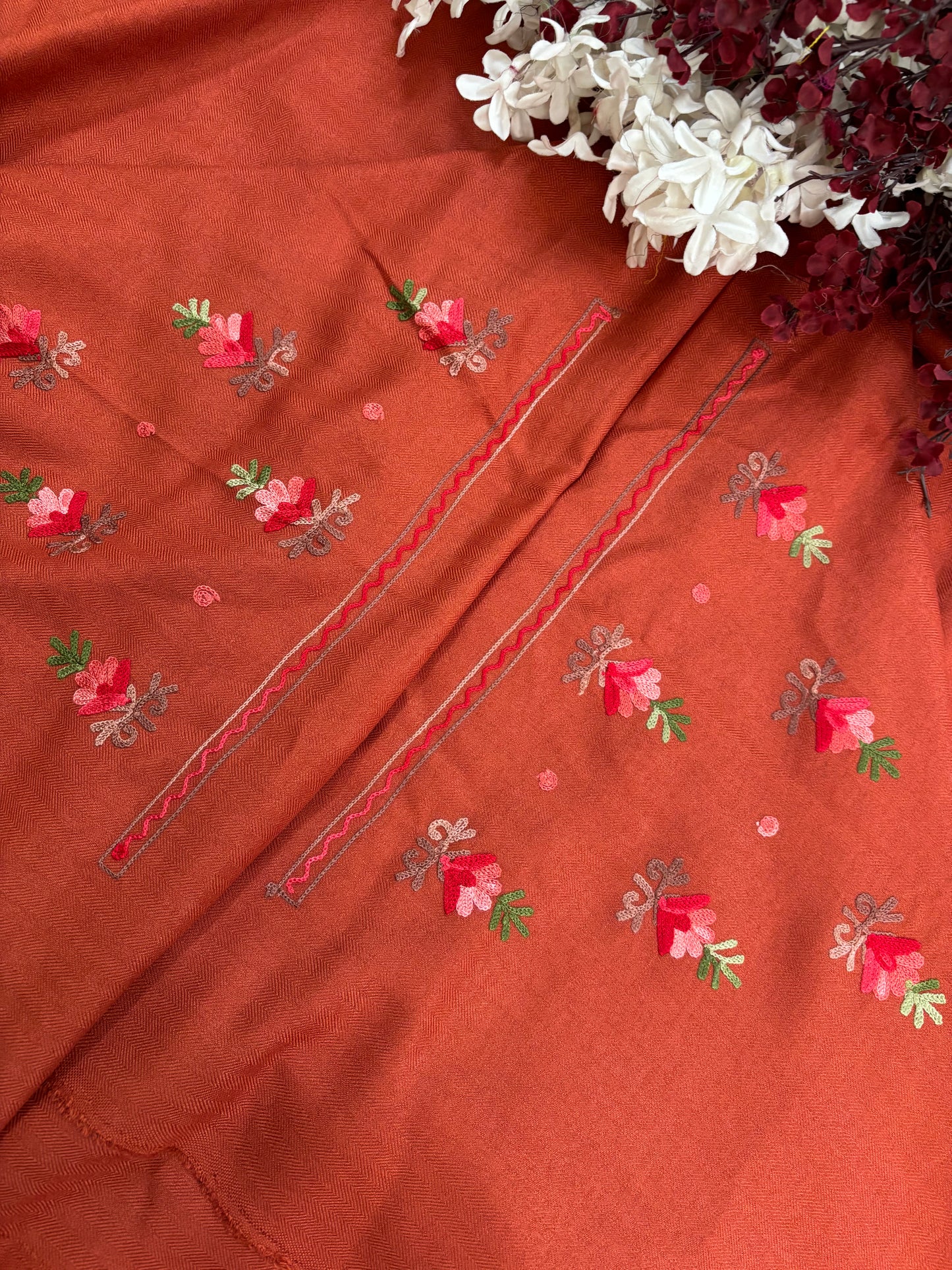 Rust Woollen Aari Embroidered 3pc suit