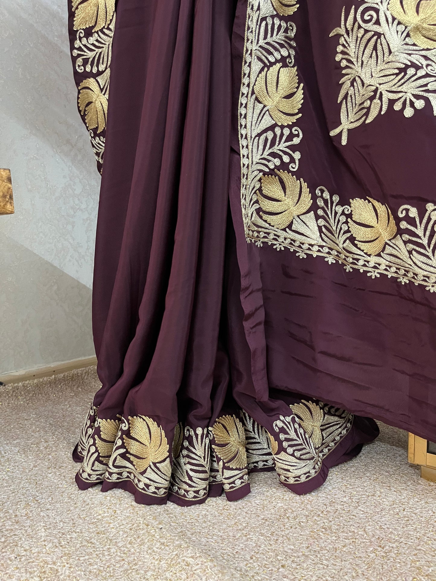 Wine Crape Kashmiri Tilla Saree