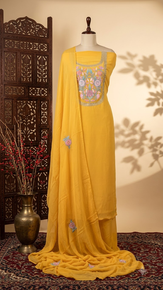 Yellow Kalaa’ Crape Kashmiri Suit